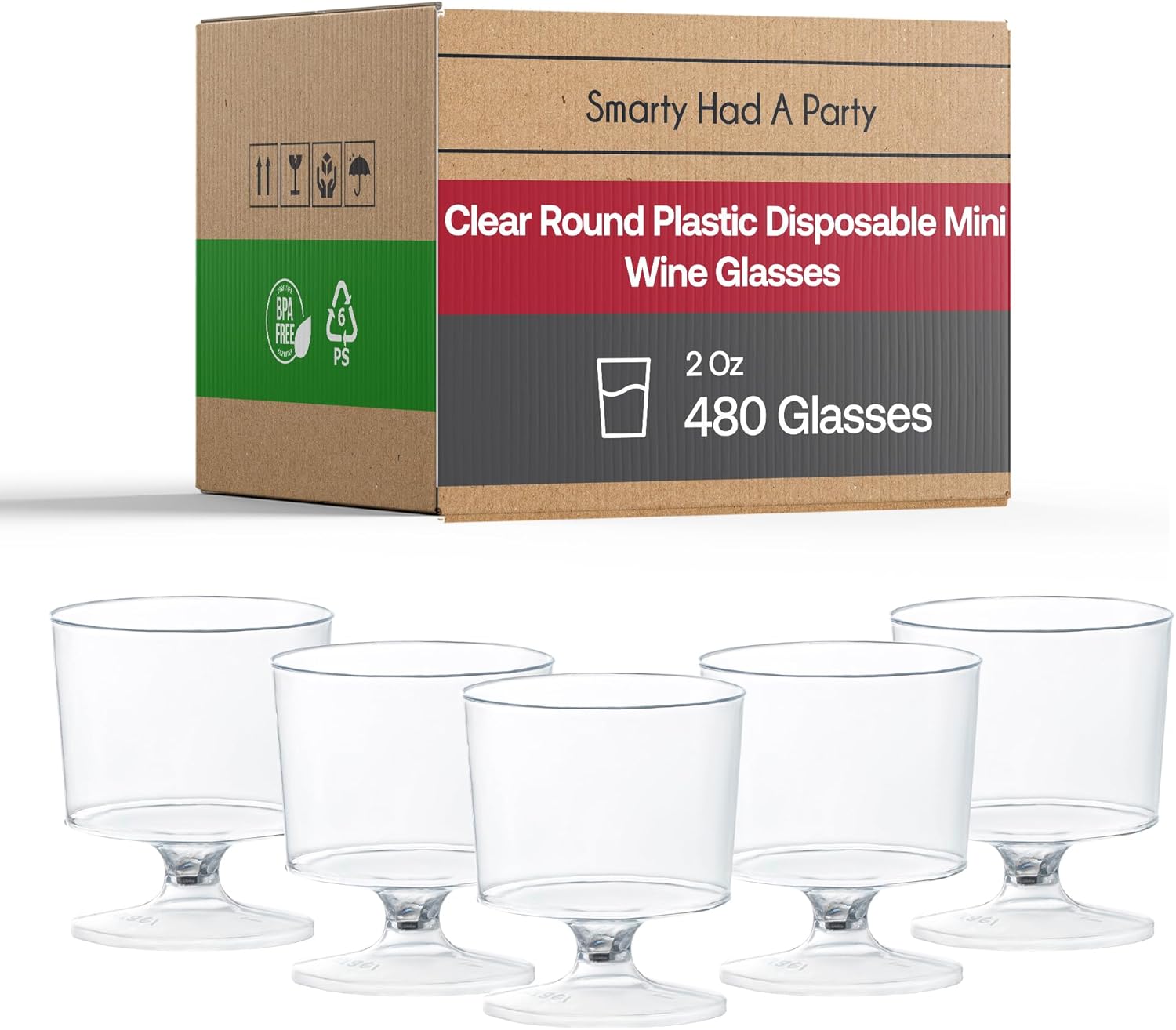 Smarty Had A Party 2 oz Wine Glasses – 480 Clear Plastic Disposable Wine Glasses with Stem, Elegant Mini Stemware Collection for Parties & Events