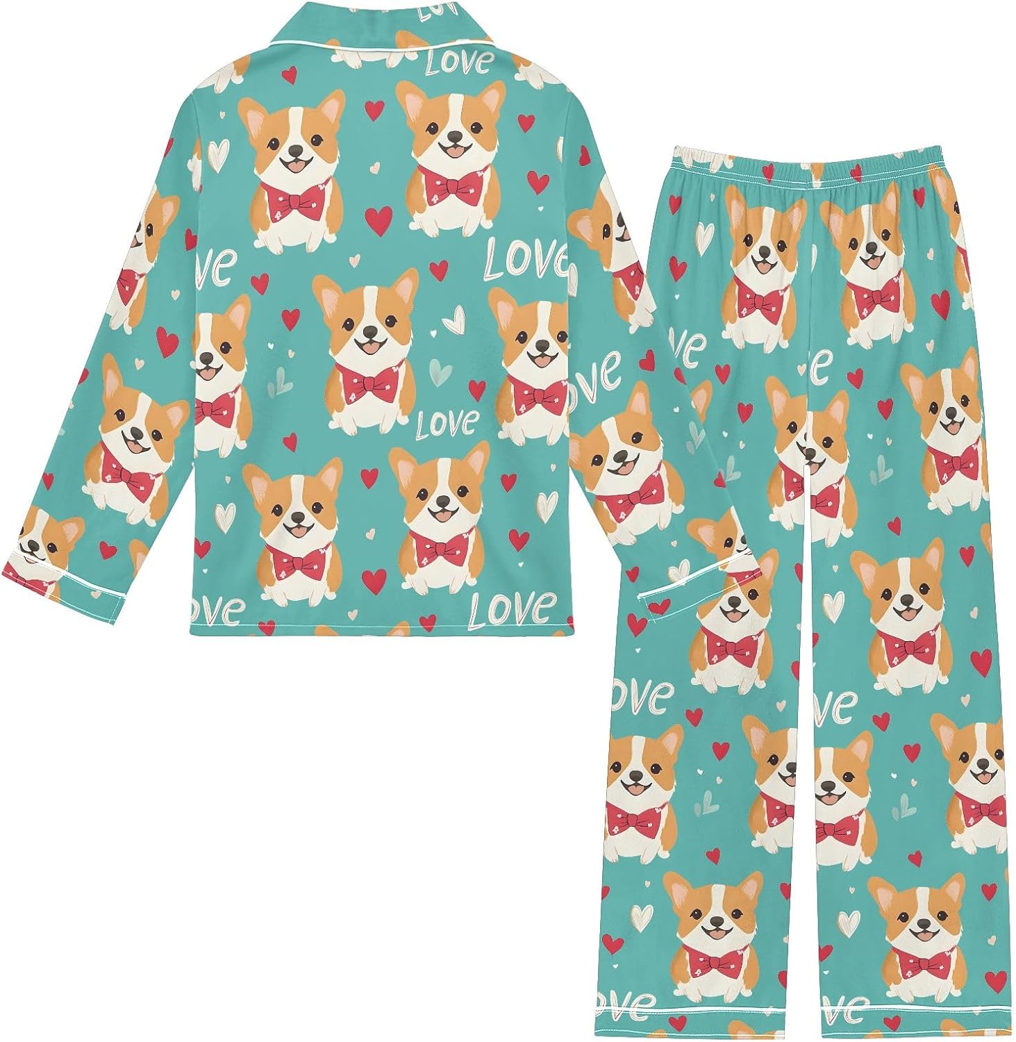 Kids Casual Satin Wear Set Love Corgi Pattern Unisex Relaxed Fit Clothing