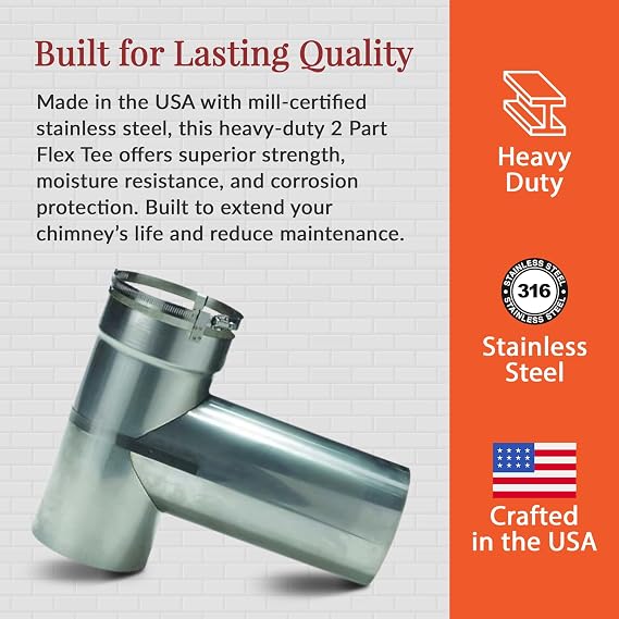 Fireside Chimney Supply 2-Part Flex Tee | 316 Stainless Steel Chimney Tee | All-Fuel Vent Connector | Quick-Connect Flex Tee | Heavy-Duty 6 Inch
