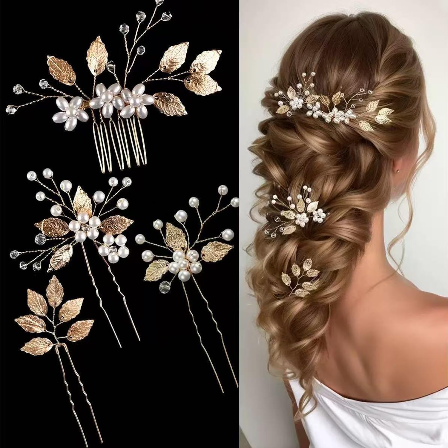Matomtak 髪飾り パールピン ゴールド 花 木の葉モチーフ パール ヘアアクセサリー 4本セット Uピン ヘッドドレス 手作り ウェディングヘッドドレス 髪飾り フラワー 結婚式 披露宴 二次会 発表会 卒業式 入学式 パーティー 和装用