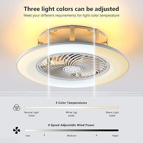 Miniatura 8 de Ventiladores de techo con luces y control remoto de 22 pulgadas con luz ambiental, sin aspas, ventilador de techo de perfil bajo, montaje empotrado,