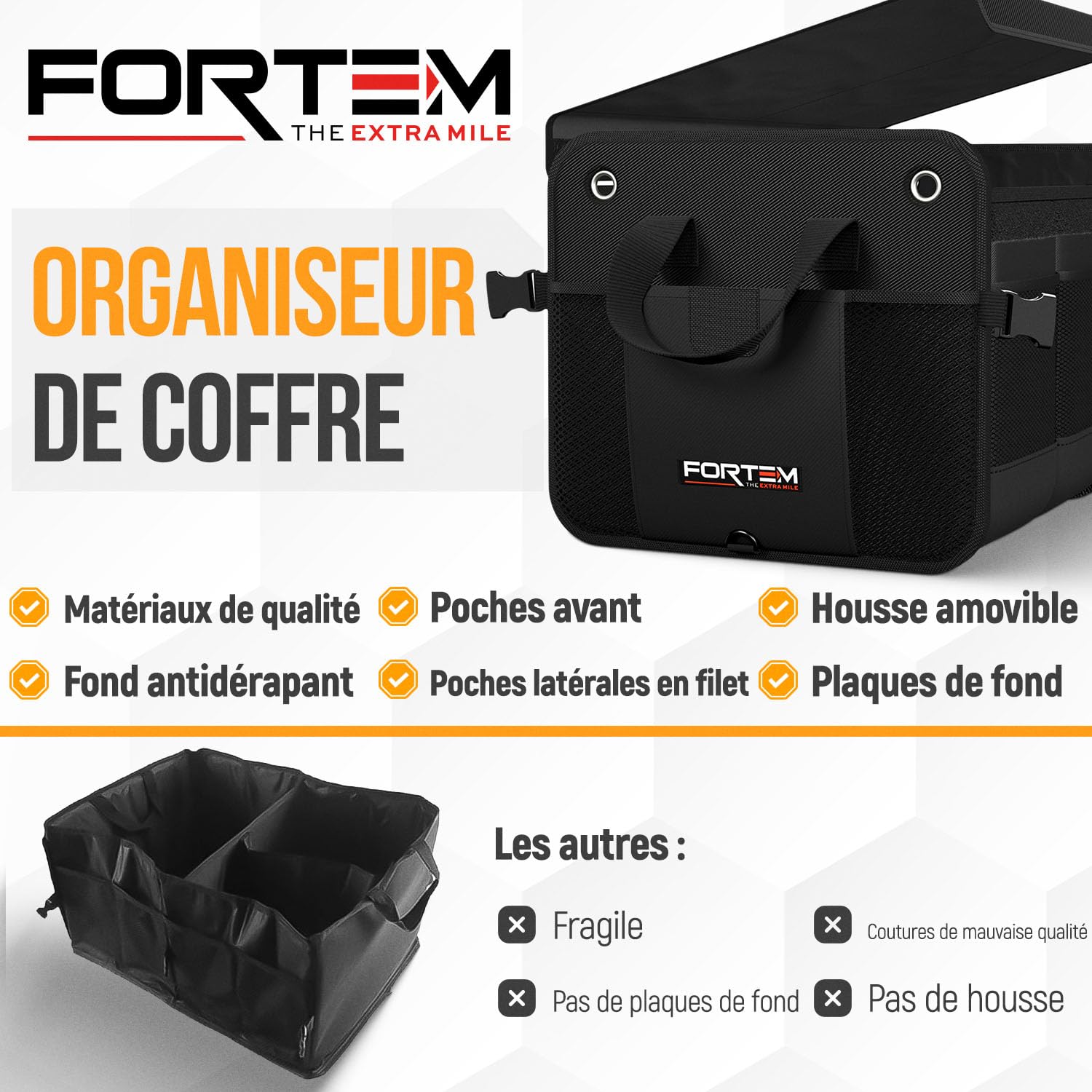 FORTEM Rangement Coffre de Voiture, Pratique et Spacieux, Boite Rangement voiture interieur pliable, Organisateur de Coffre Fond Antidérapant, Sangles de Sécurité et couvercle souple, Car Accessories