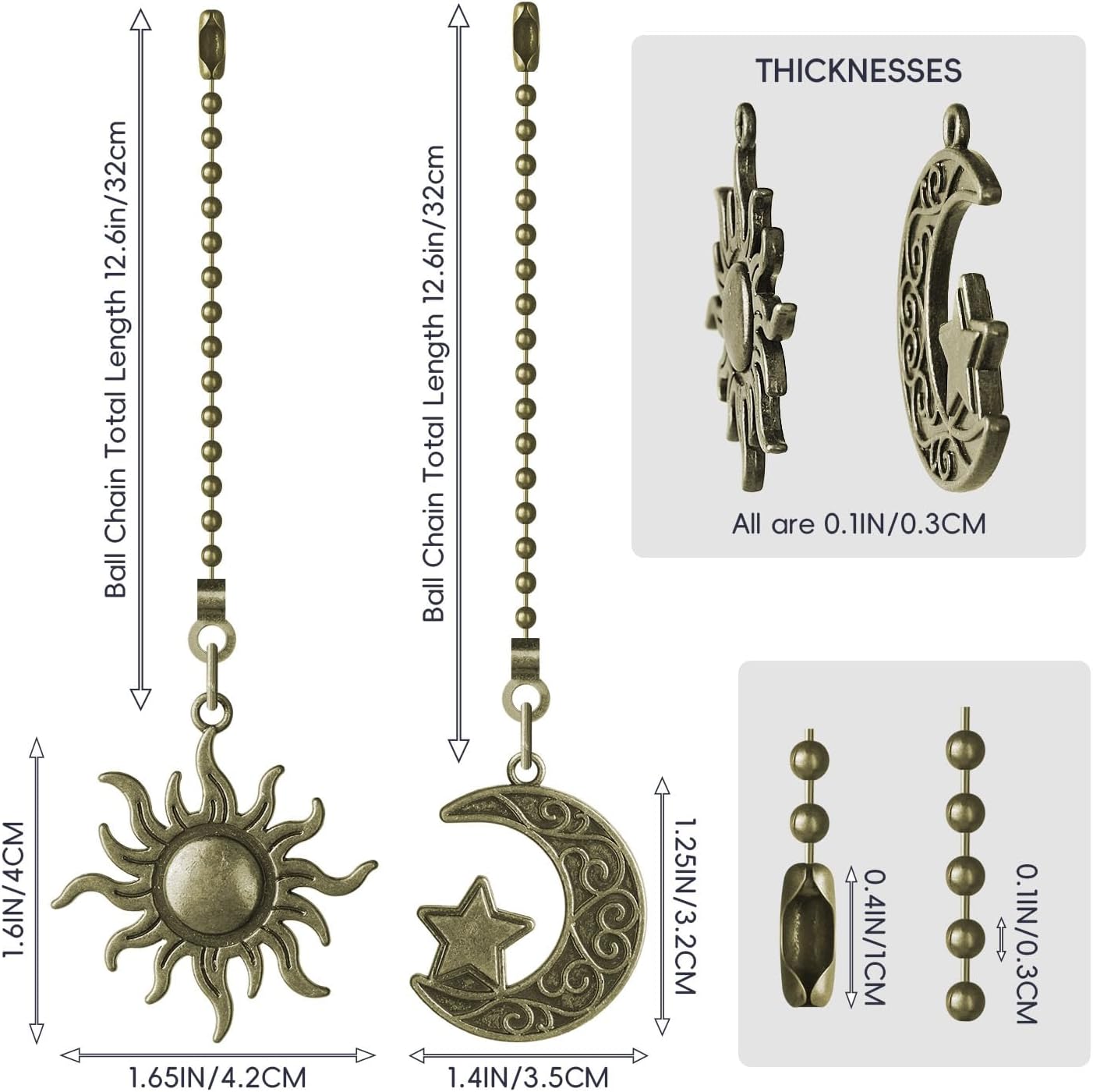 2 Pack Ceiling Fan Pull Chain, Sun Moon Fan Pull Chain Extension, 12 Inches Decorative Chain Pulls Ornaments for Ceiling Light Lamp, Beads Ball Pull Chain Extender with Connector, Bronze