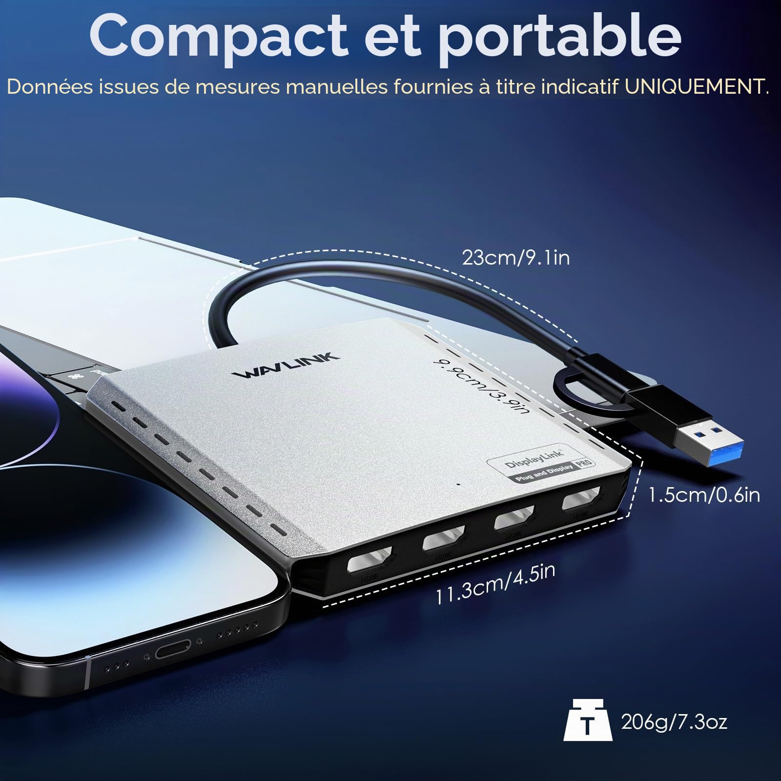 WAVLINK Répartiteur USB 3.0/C vers Quad HDMI pour Quatre moniteurs avec PD, Adaptateur Displayylink 4 HDMI 4K @ 60 Hz pour Mac M1/M2/M3/M4 ou Windows 10/11, Compatible avec Le Nouveau MacBook Neo