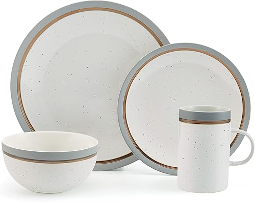 Miniatura 2 de Pfaltzgraff Ezra - Juego de vajilla moteada de 16 piezas, servicio para 4, con bandas grises
