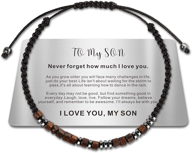 HAYOUWAY Mens Bracelet Gifts Son Bracelet from Mum Dad, I Love You Morse Code Bracelet To My Son Bracelet for Men Boys Son Gift, Adjustable Personalized Magnetic Beaded Bracelet with Warm Message Card