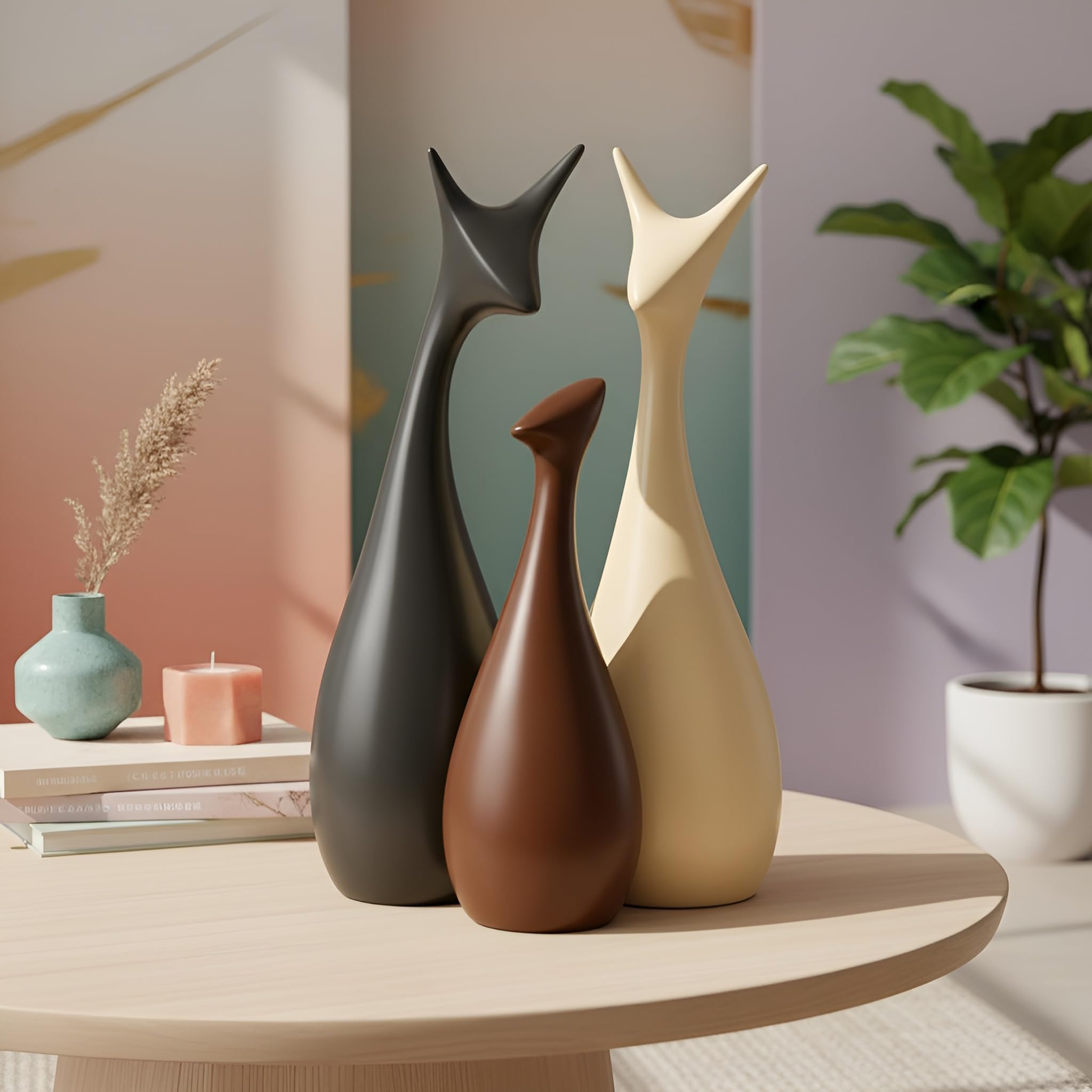 Xtore® Home Decor Lucky Deer Family Matte Finish Ceramic Figures - (Set of 3, Matte Brown)