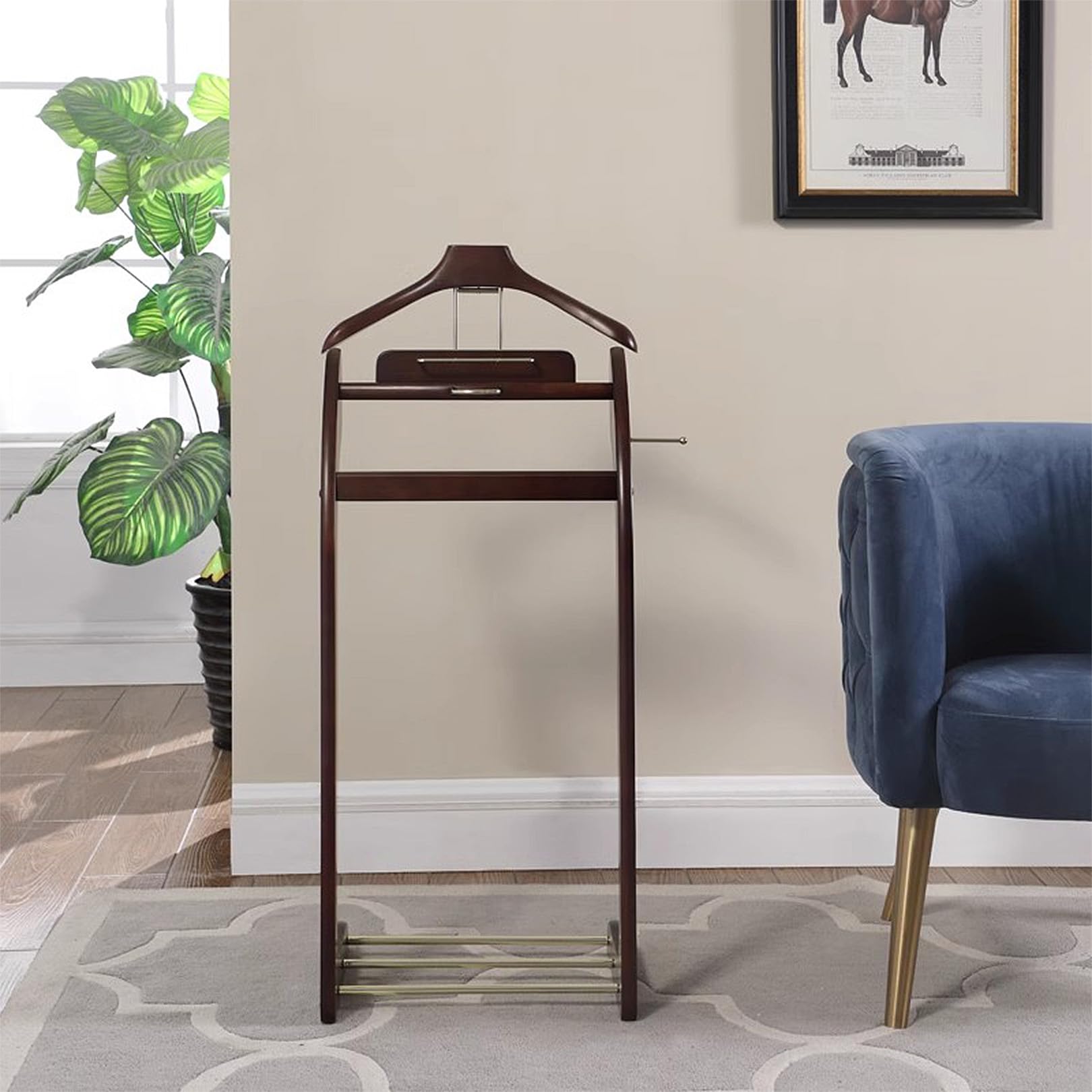 Valet de valet rustique en bois massif pour homme avec support pour pantalons, cravates et base lourde – Idéal pour chambre à coucher, salle de bain, salon
