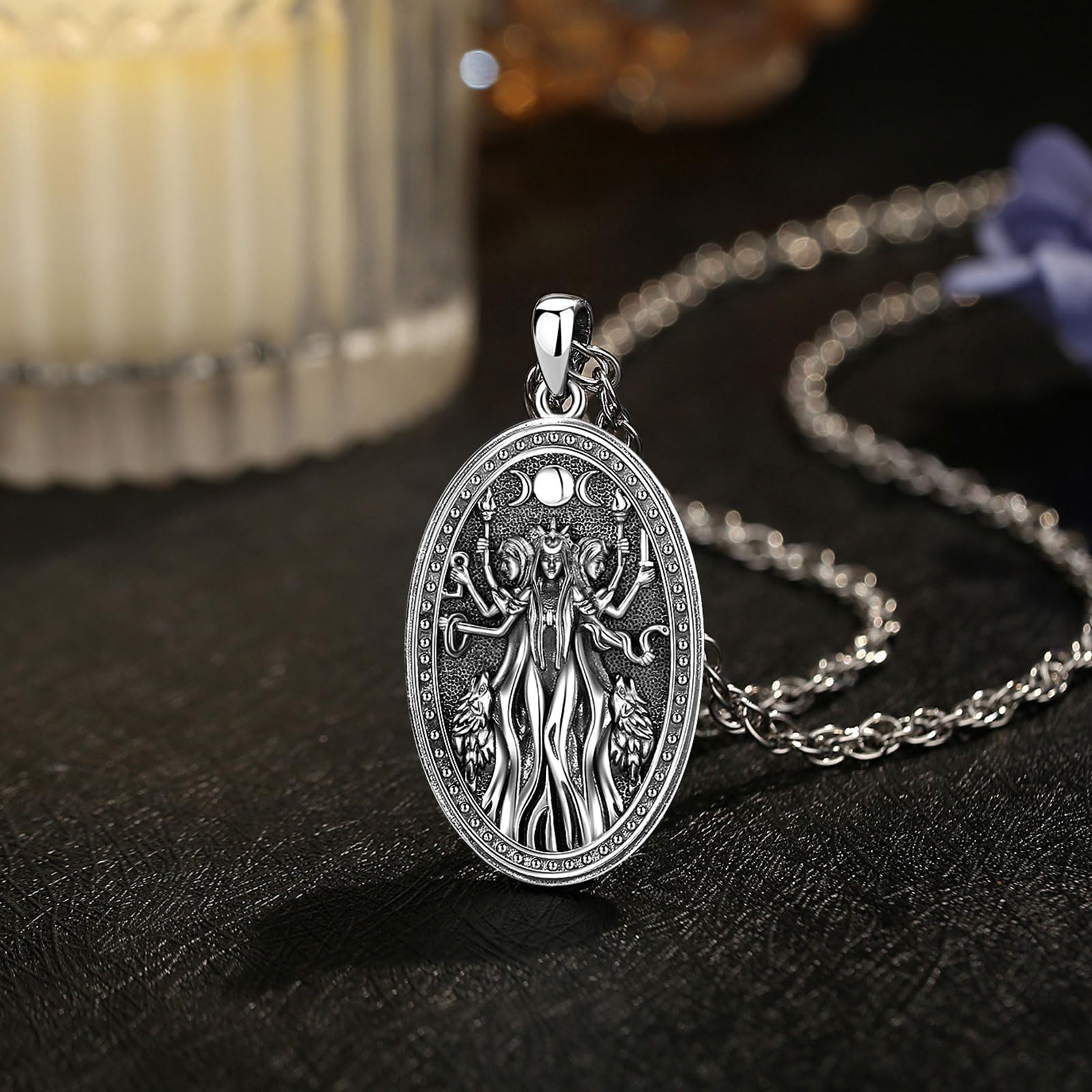 AEONSLOVE Hekate Göttin Medaille Silber 925 Göttin Lilith Kette für Damen, Hekate Rad Halskette Dreifache Mondgöttin Anhänger, Hexen Schmuck