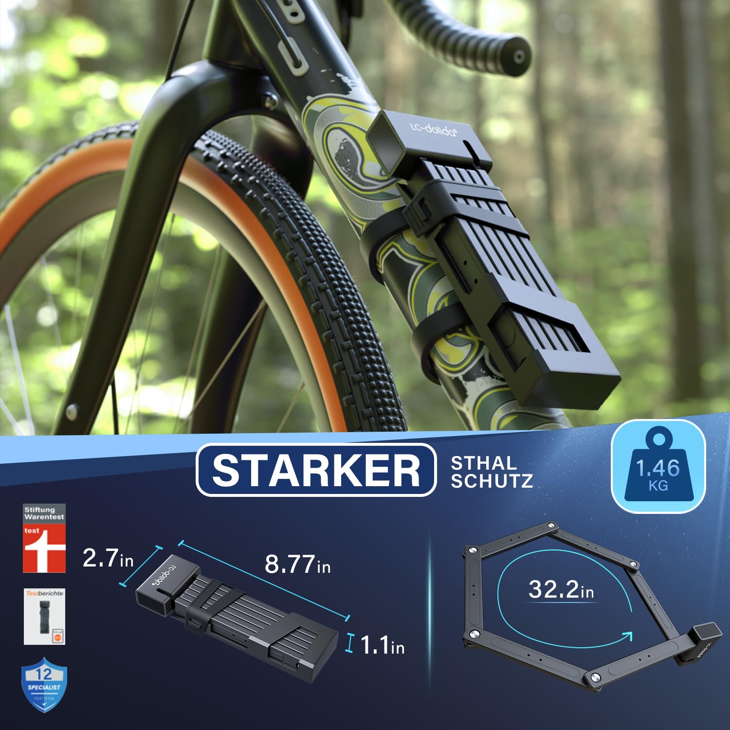 Fahrradschloss Faltschloss, Fahrrad Schloss hohe sicherheit mit Halterung aus gehärtetem Stahl mit 95cm Länge| Extrem sicheres fahrradschlösser-Sicherheitslevel 12 für E-Bike/Motorrad/Bike Lock Sport & Freizeit