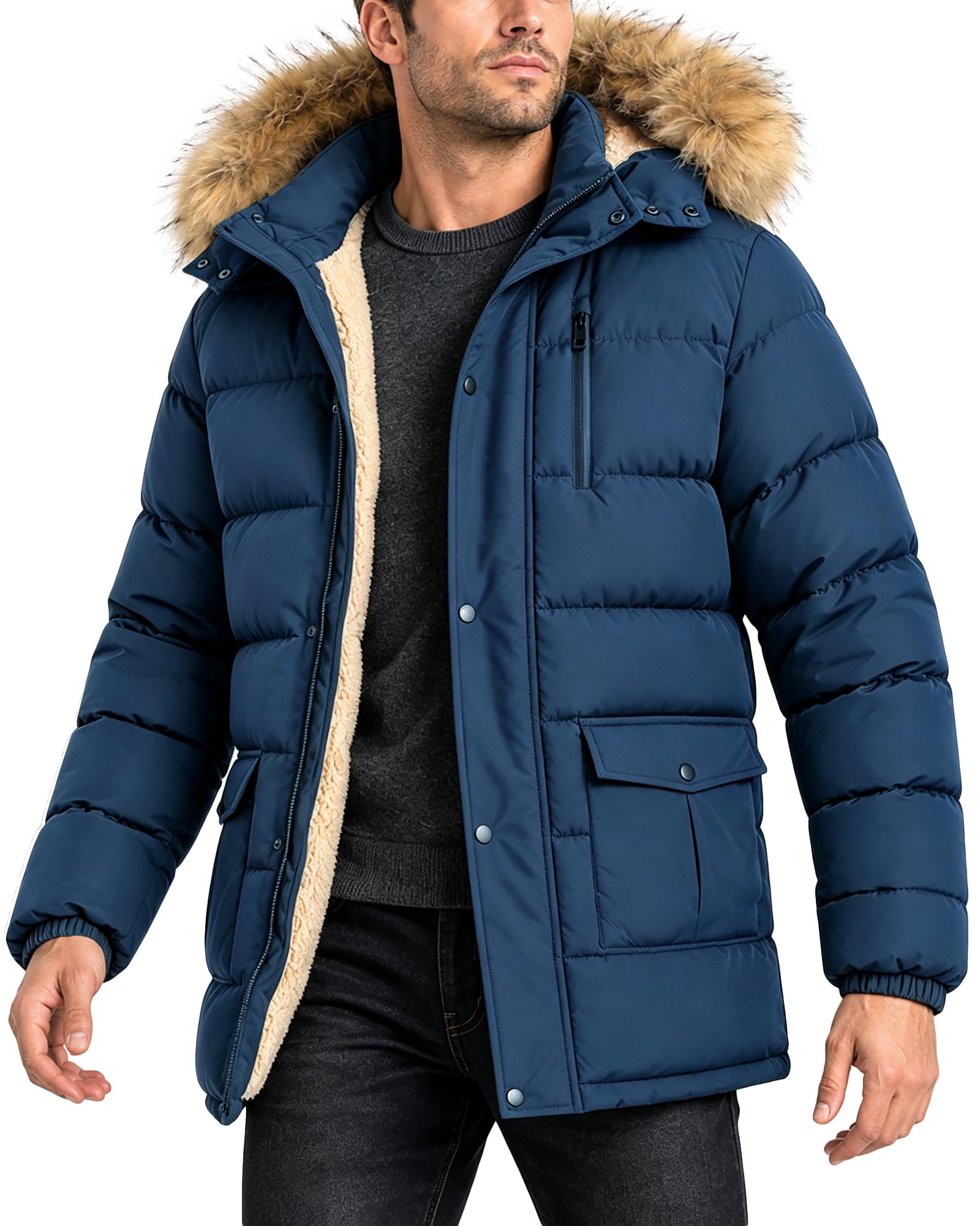 ZITY Men's Winter Jacket Thicken Sherpa Lined Fleece Parka Long Outerwear Fur Coats Water-Resistant Windproof Hooded Jackets