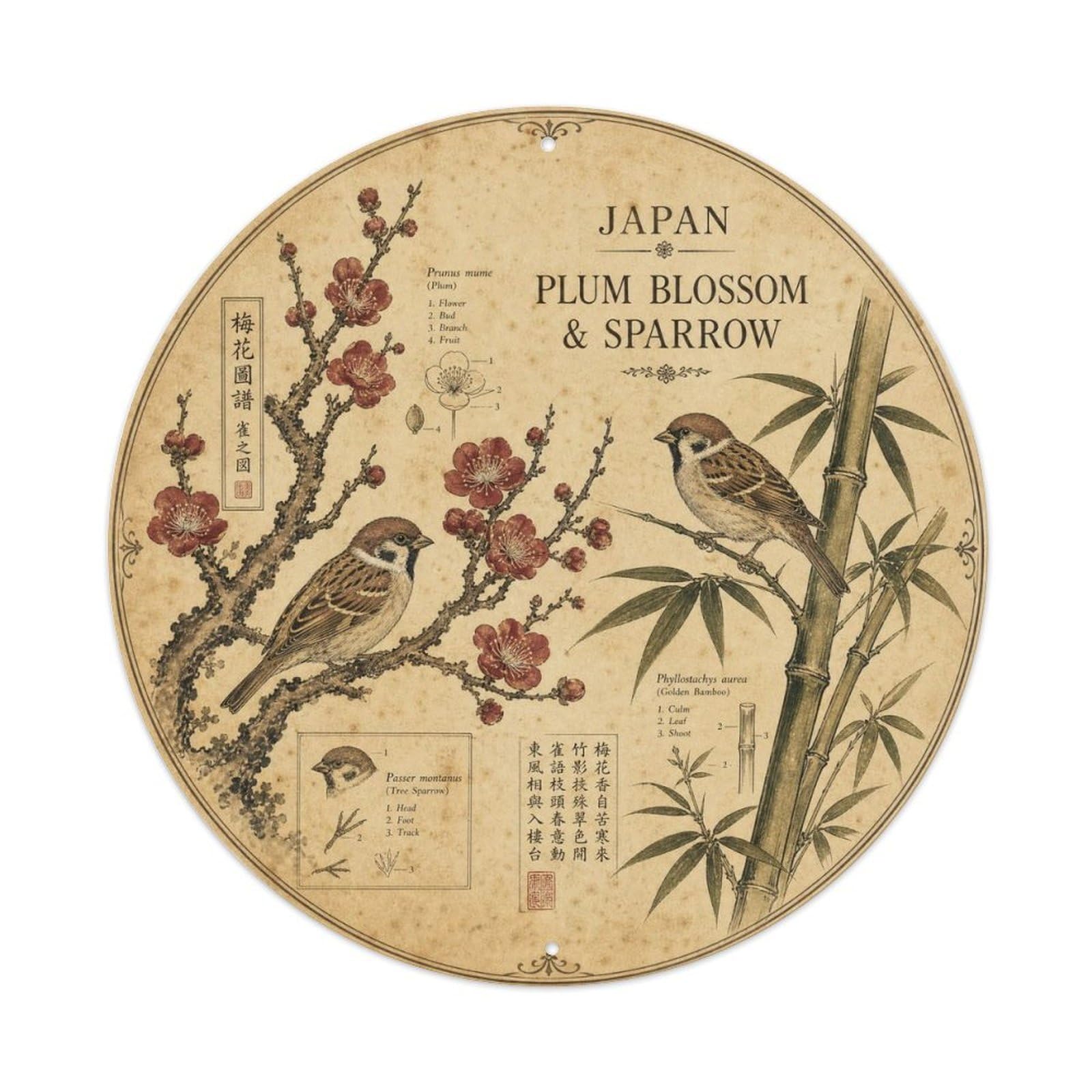 Olyhtr 8X8inch Classic Style Meiji Japan Plum Sparrow Ceramic Folk Pattern Metal Tin Sign