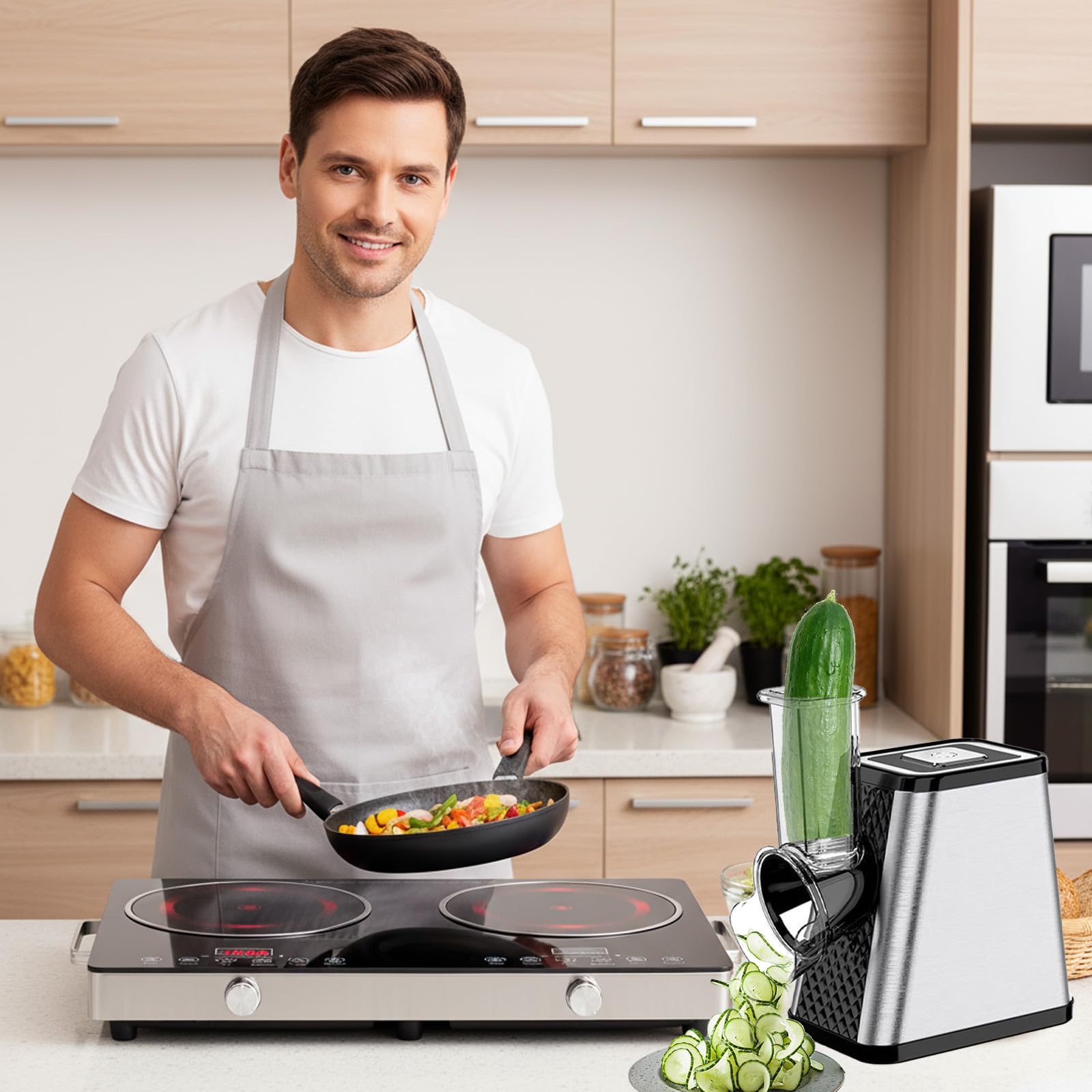 Cortador de verduras eléctrico 5 en 1, rallador de verduras profesional de acero inoxidable, multirallador de verduras para el hogar y la preparación de ensaladas, 500 W, rallador de cocina con 5