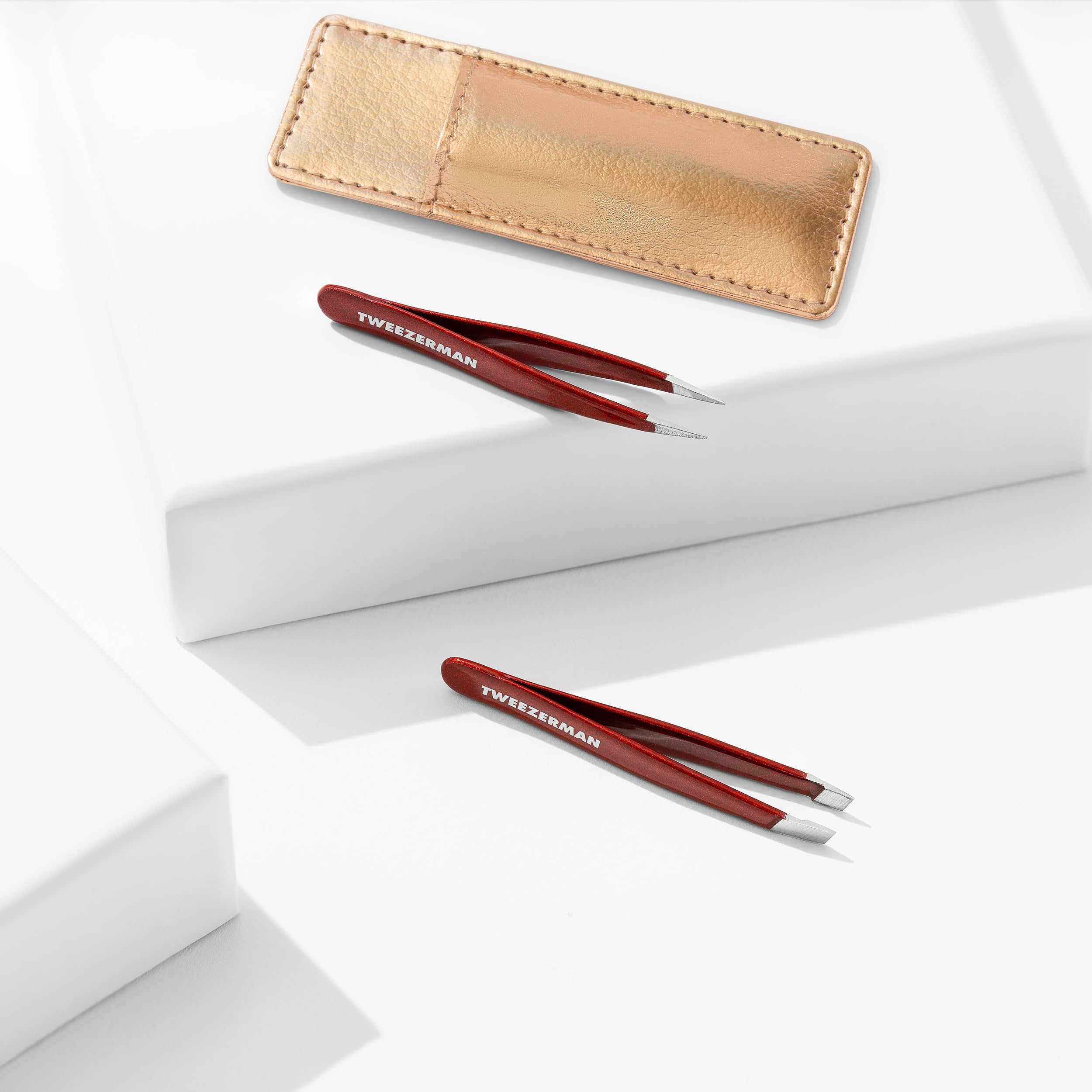 TWEEZERMAN Set de Mini Pinzas para Cejas de Precisión con Funda de Cuero, Vintage Rose