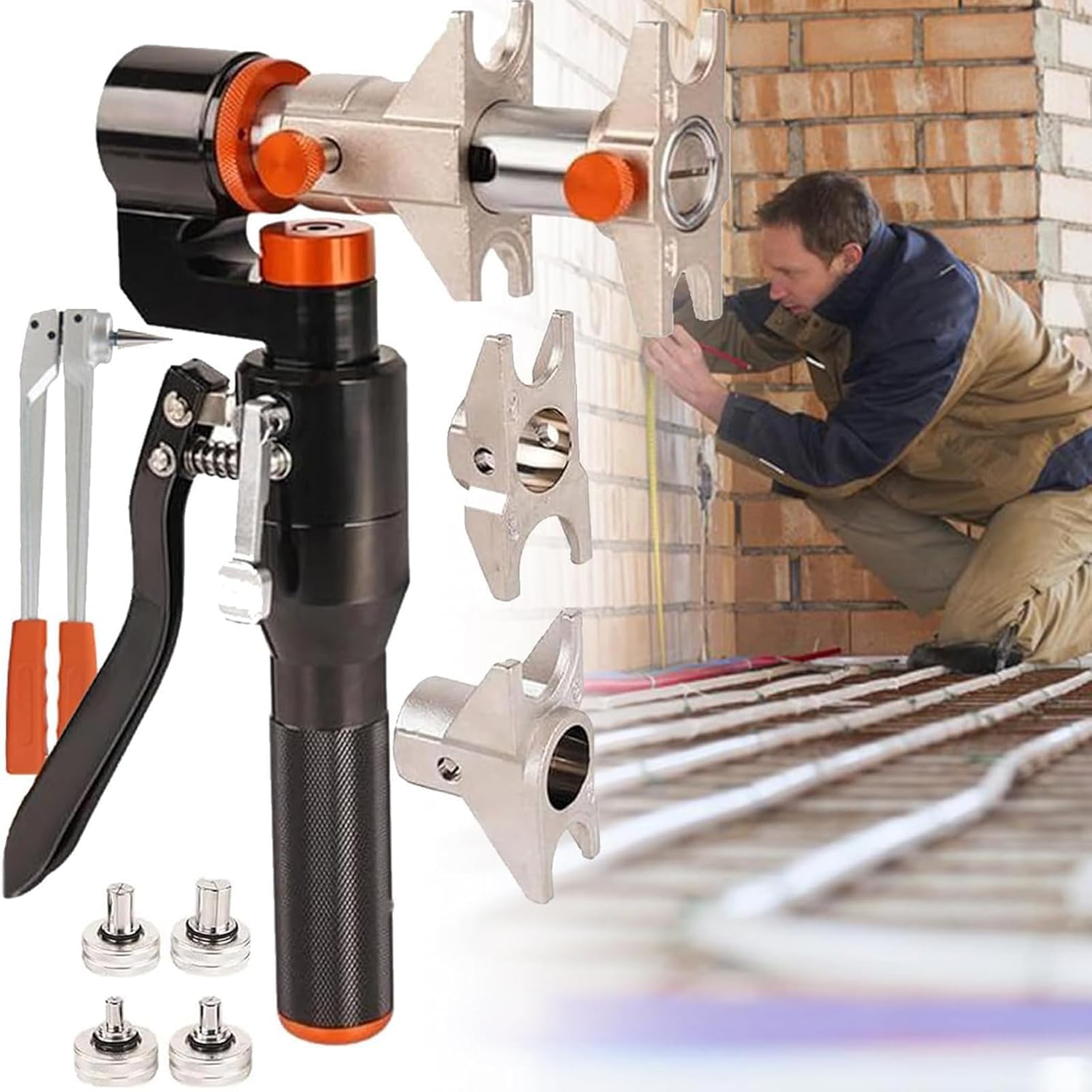 BOOZXCV PEX Clamping Tool, 16-32mm Pipe Crimping Plumbing Tool, Hydraulic Pipe Pressing and Expanding Tool for Efficient Pipe Fittings and Repair (8molds)