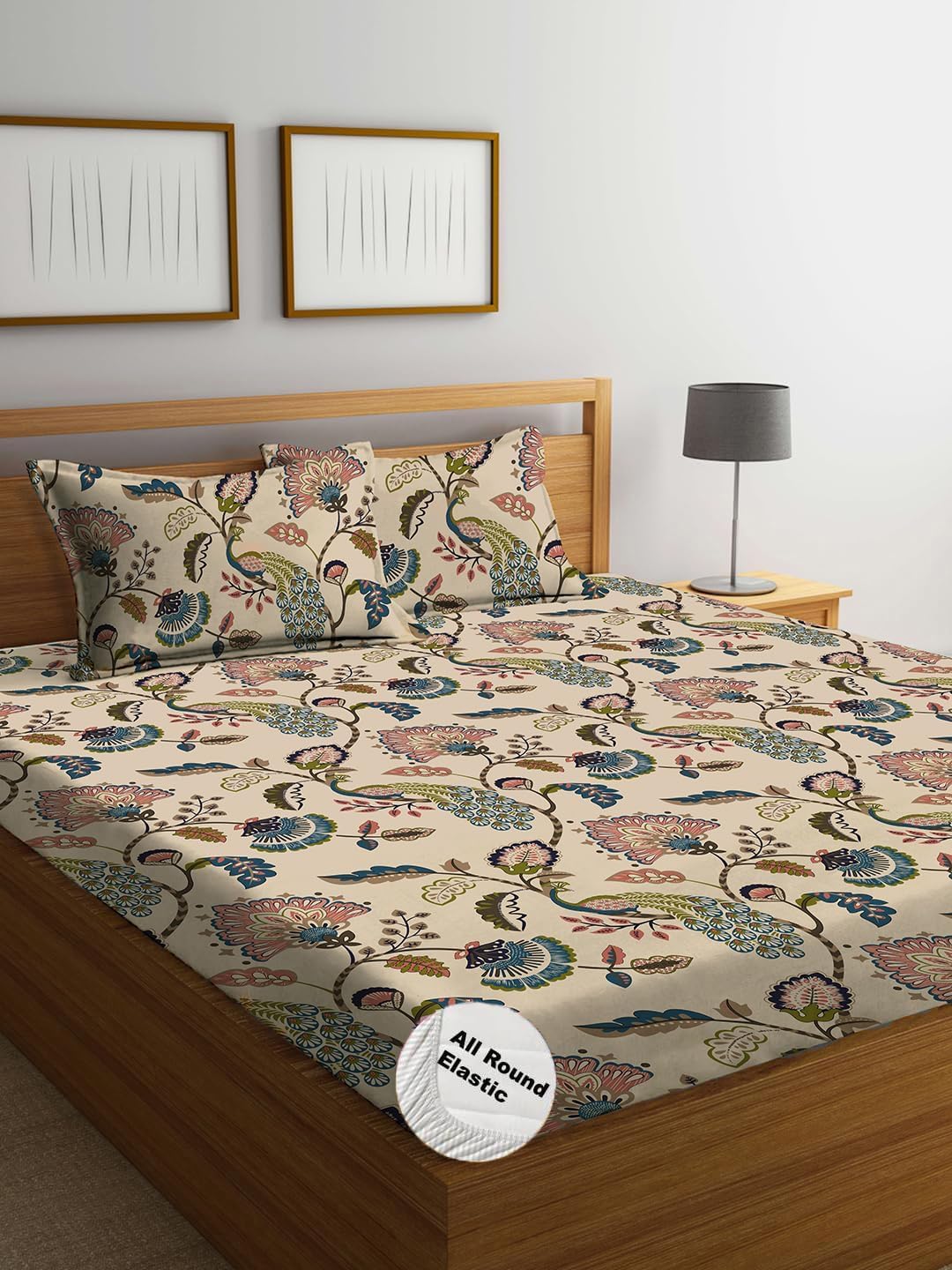 AMEYAA Cotton Feel Glace Cotton Elastic Fitted Printed King Size Double Bed Bedsheet with 2 Pillow Covers fit Upto 8 Inches, Size 72x78x8 Inch Beige (B0D8VV6134) Amazon Price History, Amazon Price Tracker