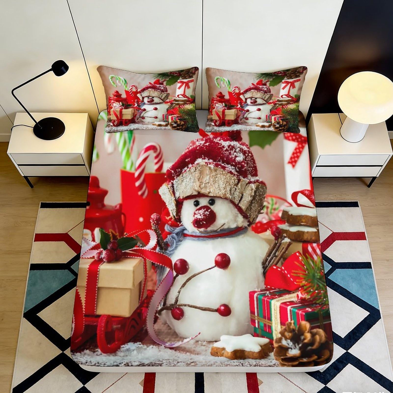 3D Printed Christmas Snowman Fitted Sheet Microfiber Soft Candy Gift Mattress Cover for Bedroom Guest Room Decor 120x200x25cm