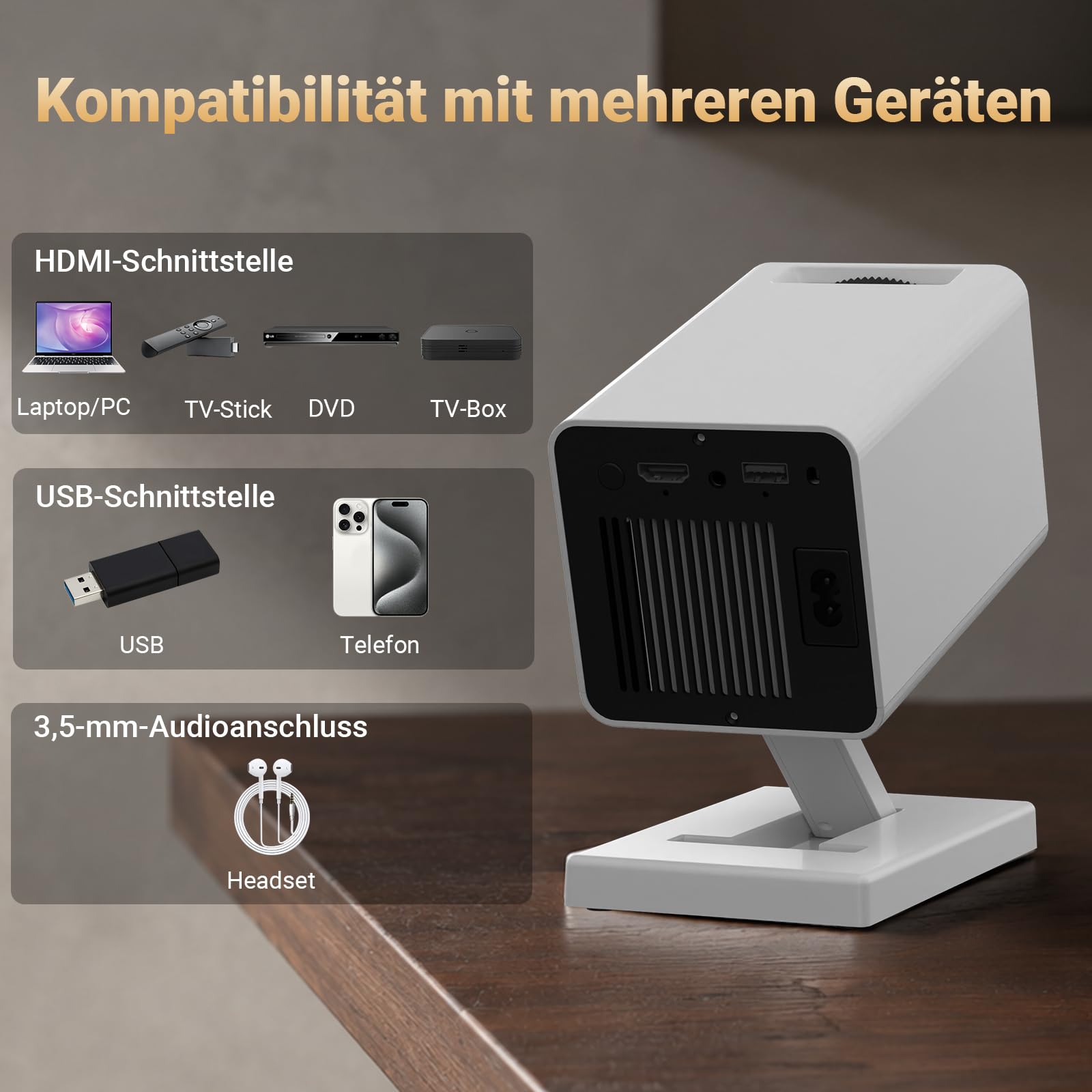 Mini Beamer 4K, Mini Projektor 1080P Unterstützt WiFi 6 BT 5.4, Beamer Klein Projektor mit Eingebaute Apps, Auto Horizontal Trapezoid Correction