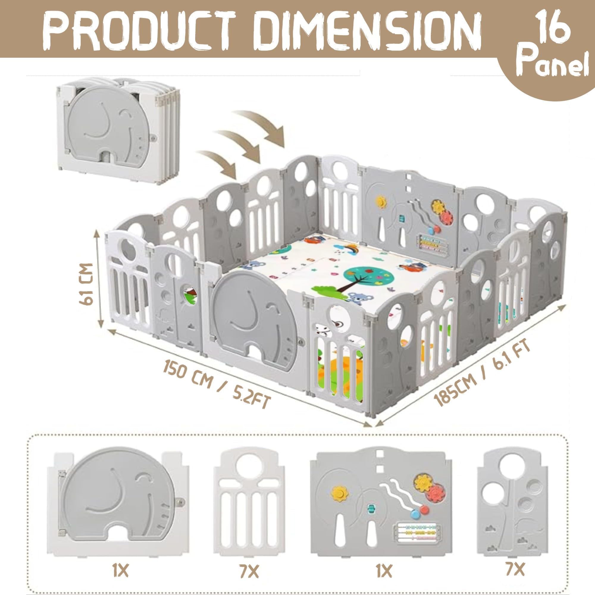 Metreno 16 panel Playpen for Babies upto 5 year Foldable Baby Play Area Indoor Setup Play Yard Fence for Toddlers Kids Playarea Setup Outdoor Children Play Area with Gate, Balls, mat (5.2 * 6.1FT=30 SQFT Grey) - Image 2 thumbnail