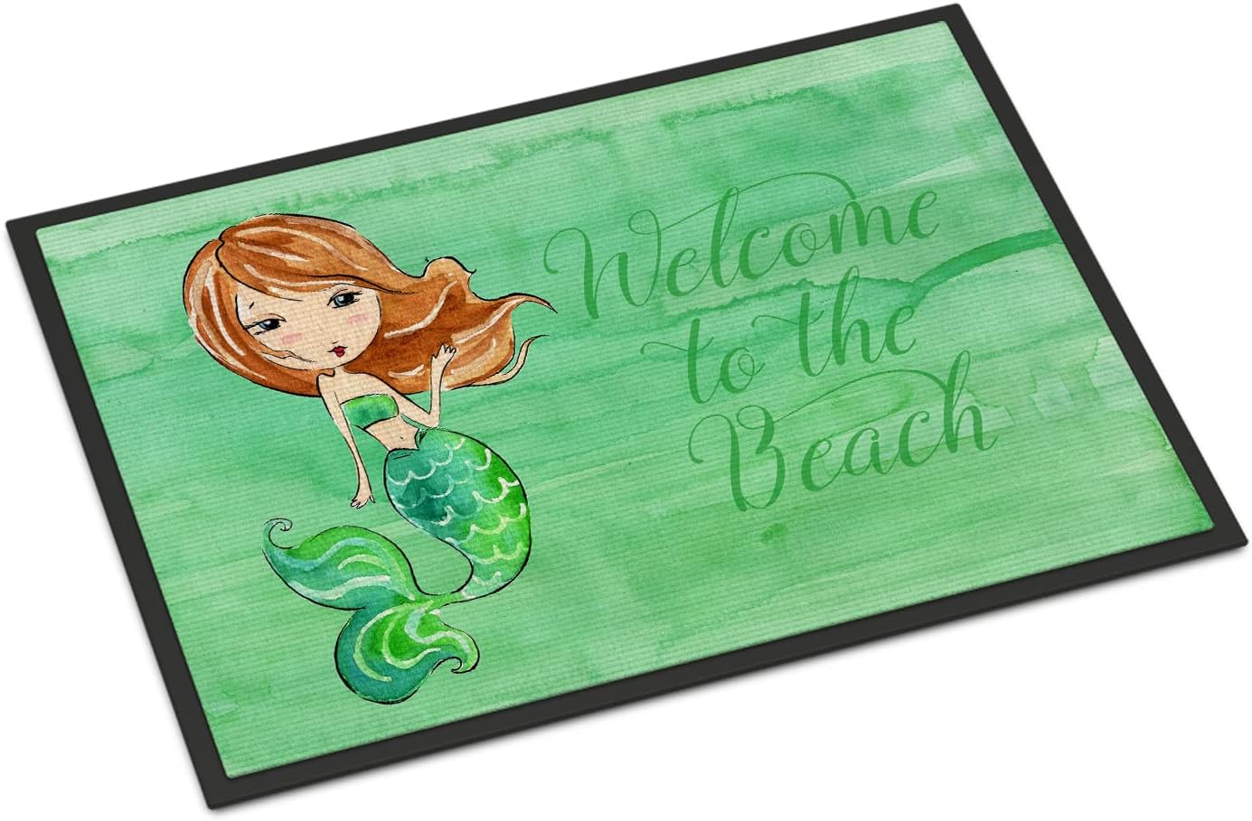 Caroline's Treasures BB8515JMAT Mermaid Welcome Green Doormat 24x36 Front Door Mat Indoor Outdoor Rugs for Entryway, Non Slip Washable Low Pile, 24H X 36W