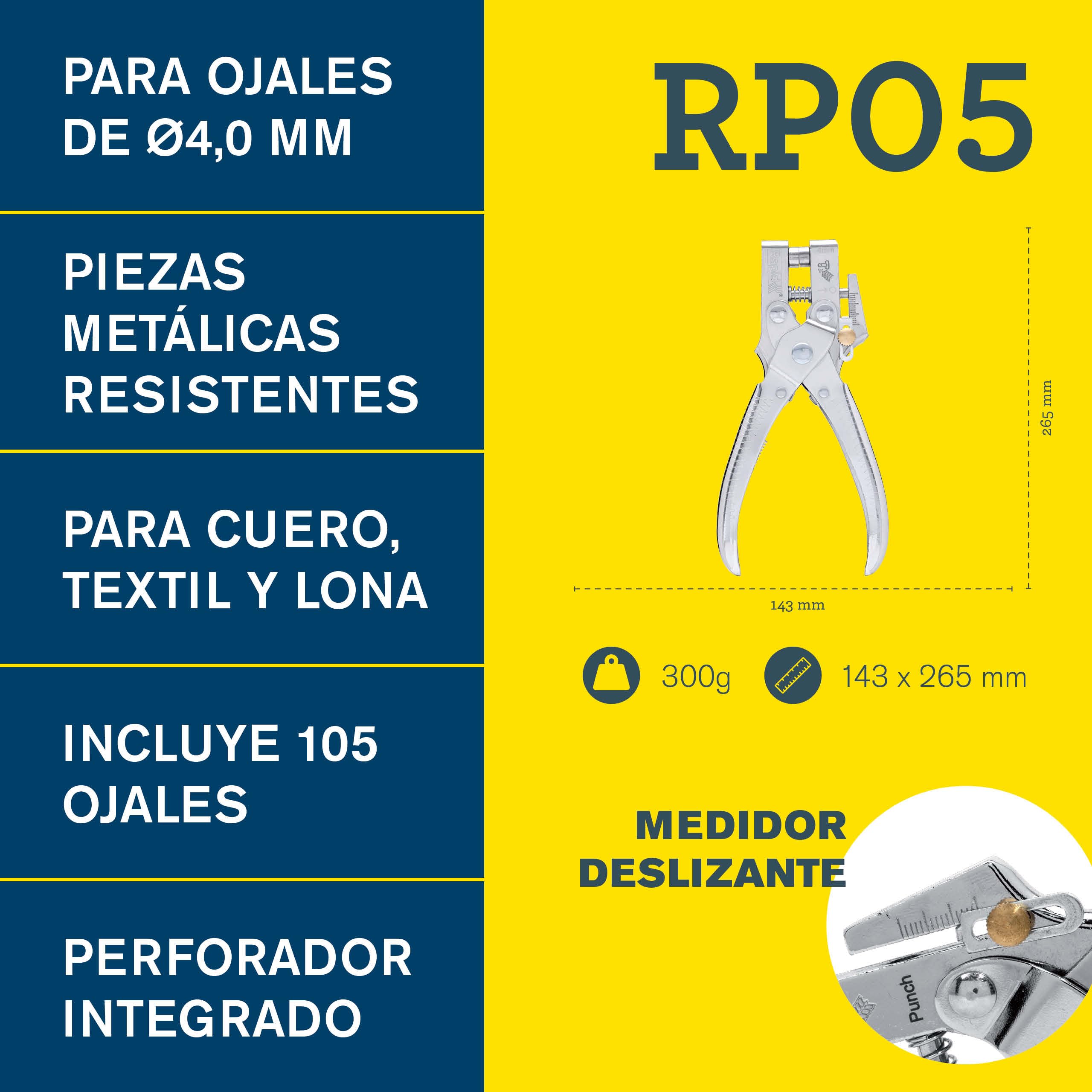 Rapid RP05 Tenaza para ojales con perforador integrado y 105 ojales de 4mm para cuero, lona, zapatos; Fabricada en metal resistente (5001723)
