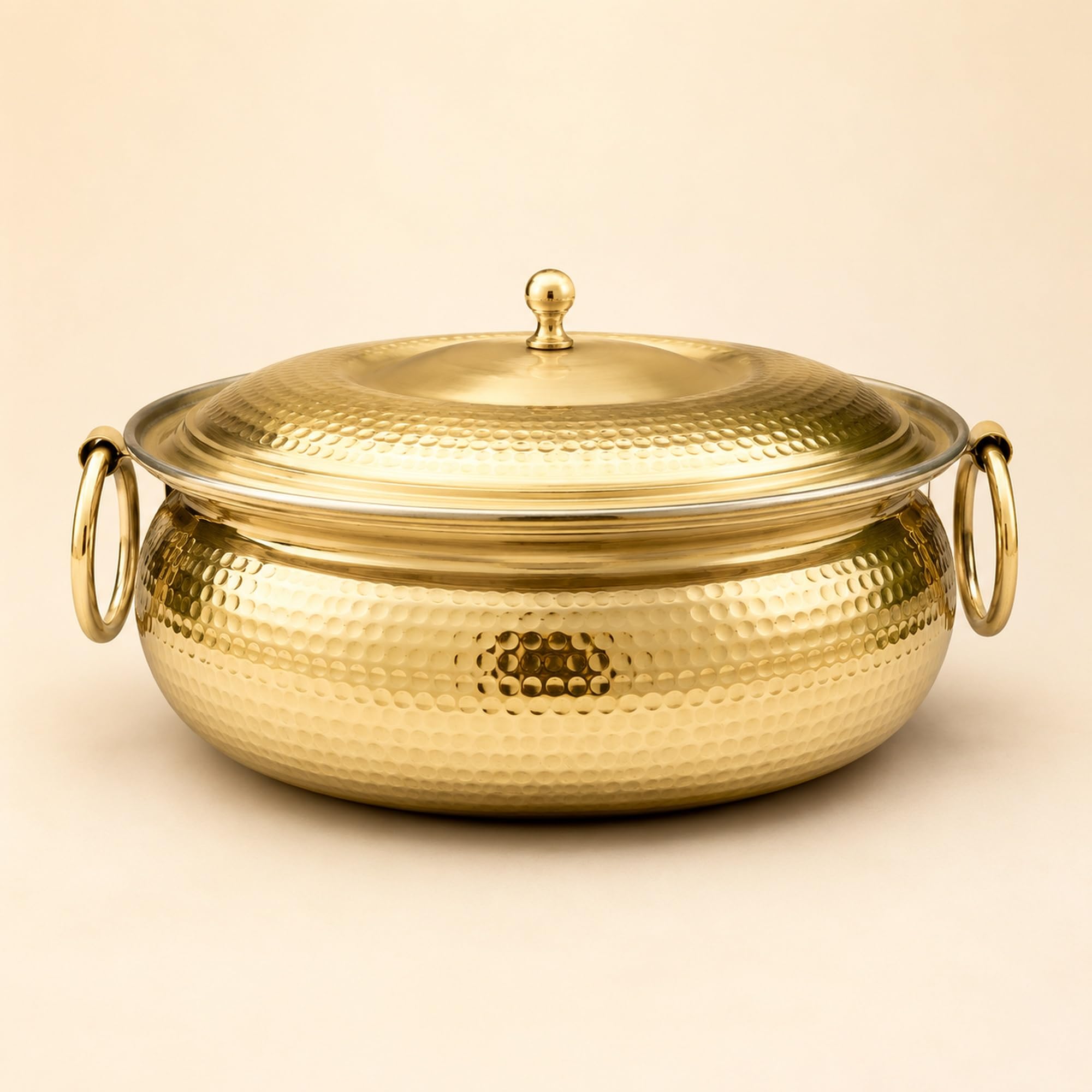 Shiv Shakti Arts Brass Mughlai Lagan Handi with Lid & Ring Handles, 2 Litre | Inside Tin Kalai Lining | Hammered Biryani Pot for Dum Cooking-image-30