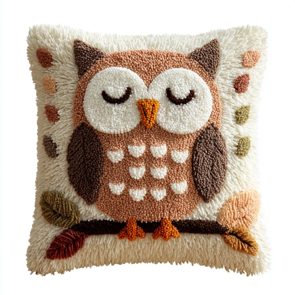 Henypt Latch Hook Cushion Kits Animal Owl DIY Hook and Latch Kit, Crochet Craft Kit for Beginners Home Embroidery Decoration,43X43cm