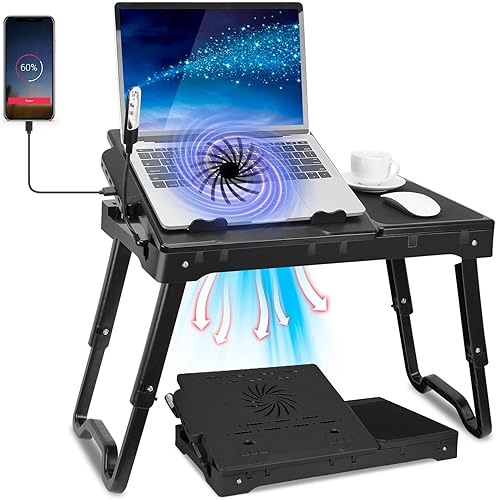 Soporte de mesa para computadora portátil para cama, escritorio ajustable para computadora portátil para cama, escritorio portátil con ventilador de
