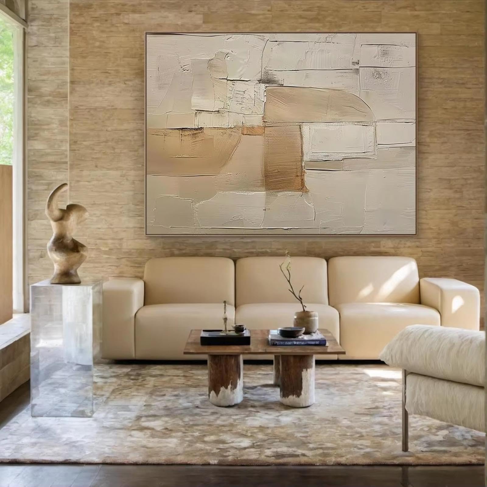 Stampe su tela astratte di grandi dimensioni beige, semplici quadri da parete marroni, quadri geometrici testurizzati per l'arredamento del soggiorno, 80x120 cm (31x47 pollici) senza cornice