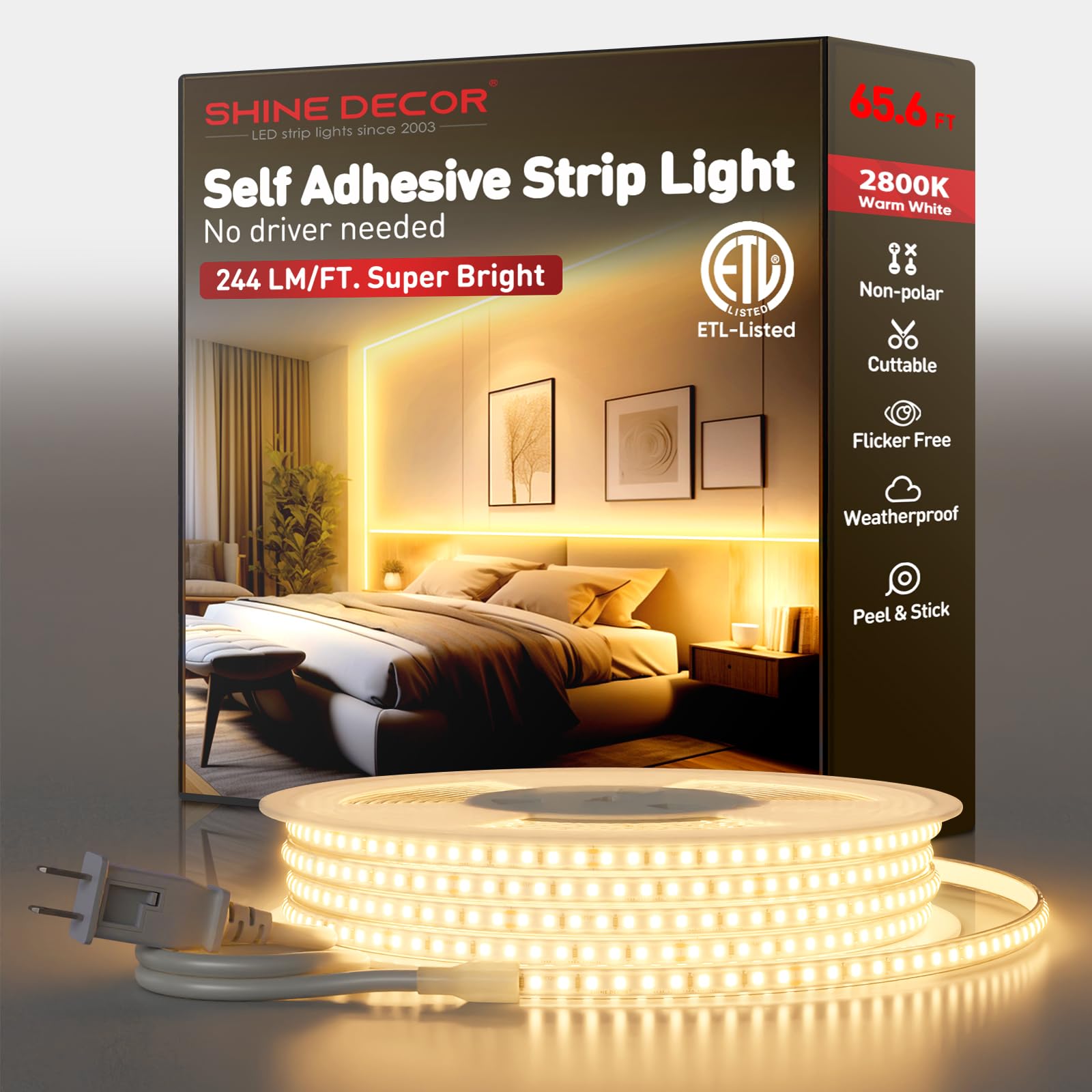 Shine Decor LED Strip Light Super Bright 16000LM, Plug&Play 120V Driverless Easy Wiring, Flicker Free Weatherproof for Outdoor Indoor, Min. 3.9”