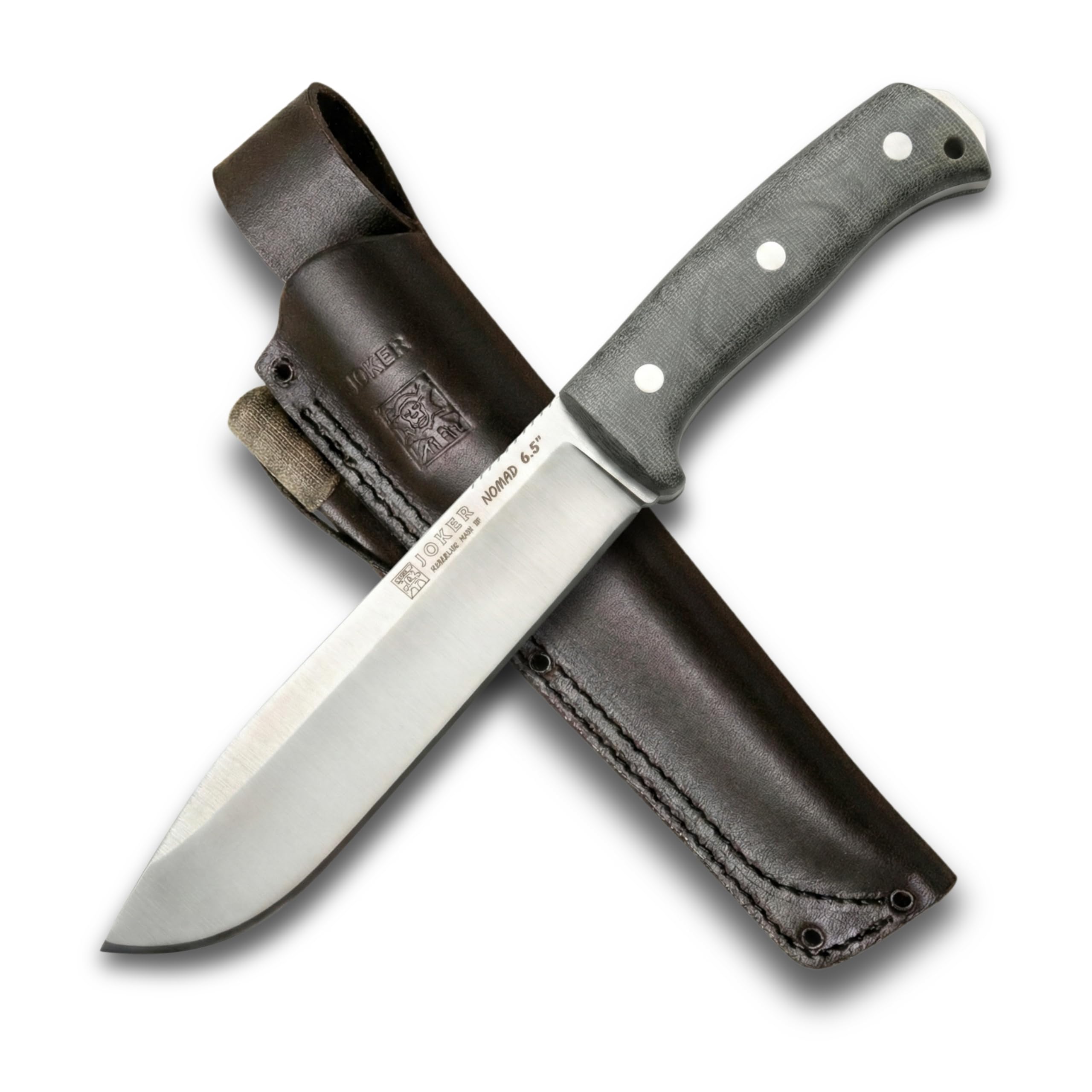 Joker Überlebensmesser Nomad 6.5" "CV137-P, mit Micarta-Canvas-Griff, 16,5 cm Klinge, schwarze Lederscheide, inklusive Feuerstahl, Werkzeug für Angeln, Jagd, Camping und Wandern