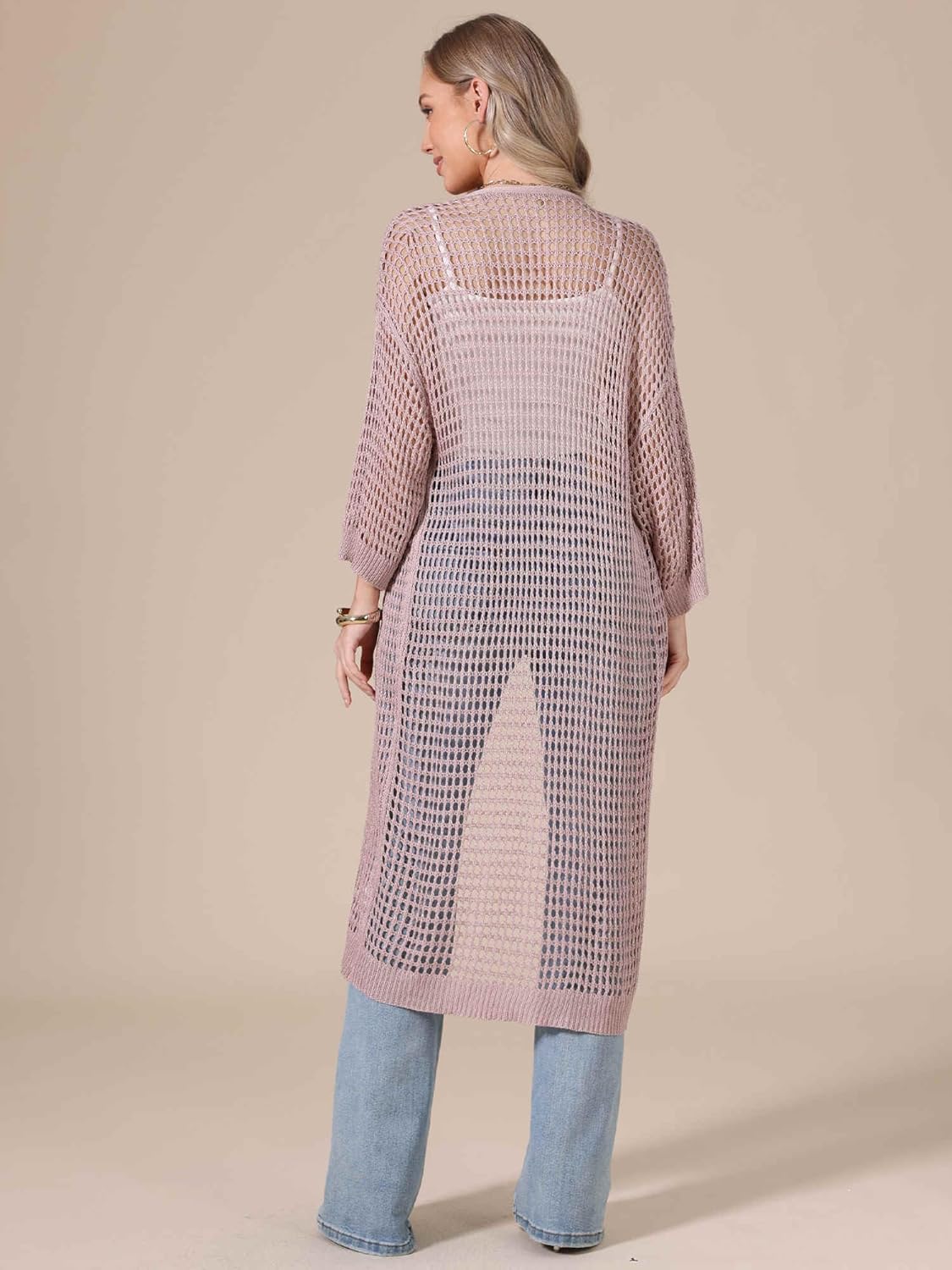 Allegra K Long Cardigan for Women's Summer Casual Long Sleeve Hollow Out Crochet Open Front Outfits - Image 2