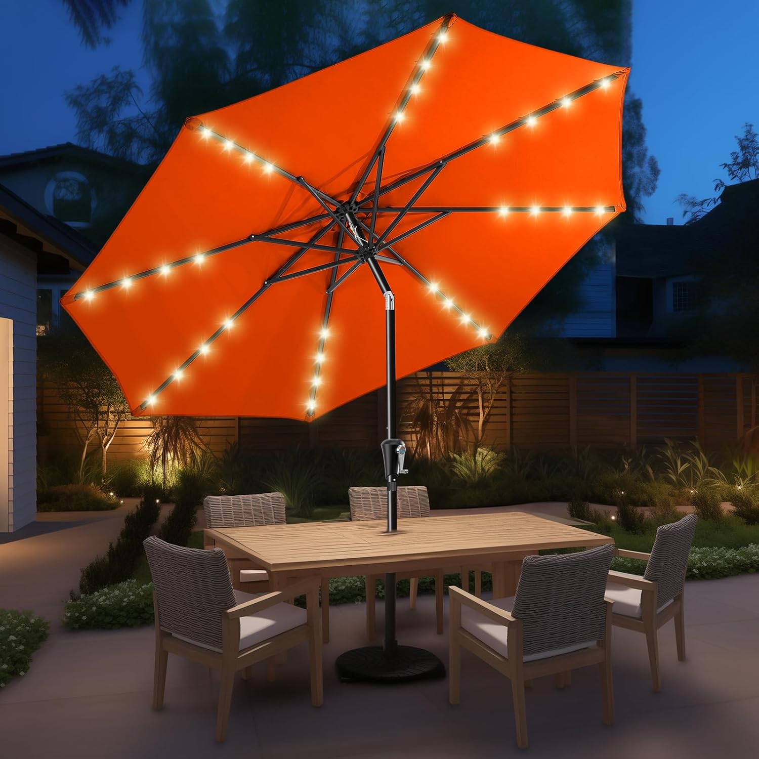 HOMSHADE 9ft Solar Patio Umbrella - Solar Lights LED Lighted Outdoor Market Table Umbrella, UPF50+ UV Protection with Push Button Tilt, Crank for Pool Deck and Garden (Neon Orange)