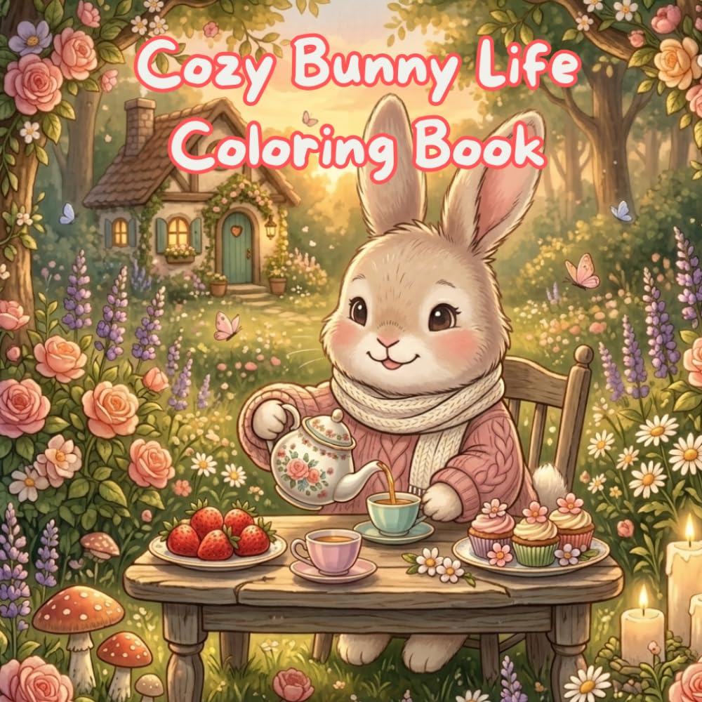 Cozy Bunny Cottage Life: Coloring Book for Adults and Kids, Bold and Easy