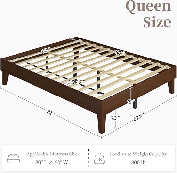 Yaheetech Queen Bed Frame Natural Solid Wood Platform Bed with Wooden Slats Support, 7.3-inch Underbed Space for Storage, Noise-Free Design, Easy Assembly, Dark Walnut Finish