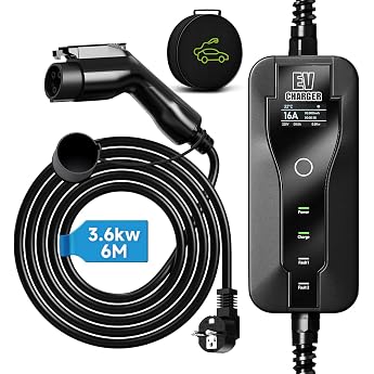 3.6 kW Charging Cable Type 1 6 m with Schuko Plug Adjustable Current 8A / 10A / 13A / 16A Electric Car Charger with Bag SAE J1772