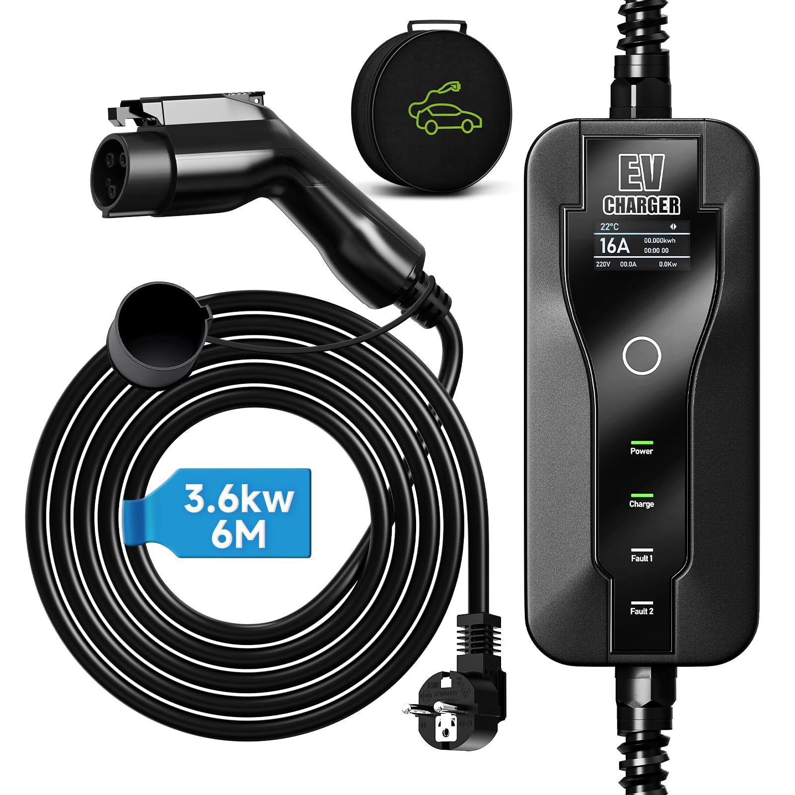 Cargador Coche Eléctrico 3,6 kW|6-16A|6M|Cargador Portátil EV Tipo 1 | Cargador Vehículo Eléctrico Corriente Conmutable | 1–15H de Carga Diferida con Bolsa de Transporte, Negro (SAE J1772)