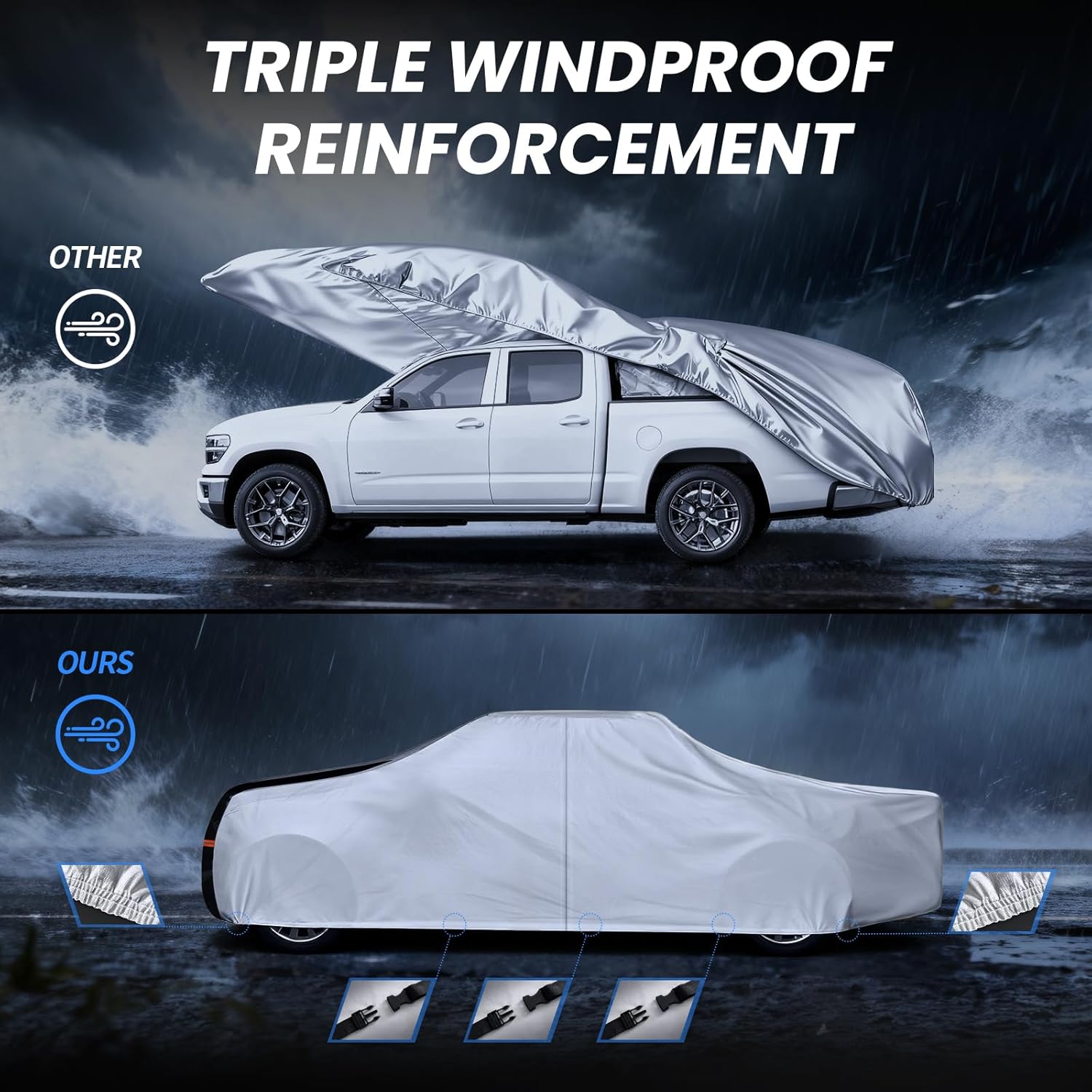 Multi-Layer Ford F100 Truck Cover, Custom fit F100 1953-1983 Regular/Extended/Crew Cab SB(6.4'-8.5') Car Cover Waterproof All Weather, Full Exterior Cover Rain Wind and UV Protection with Door Zipper