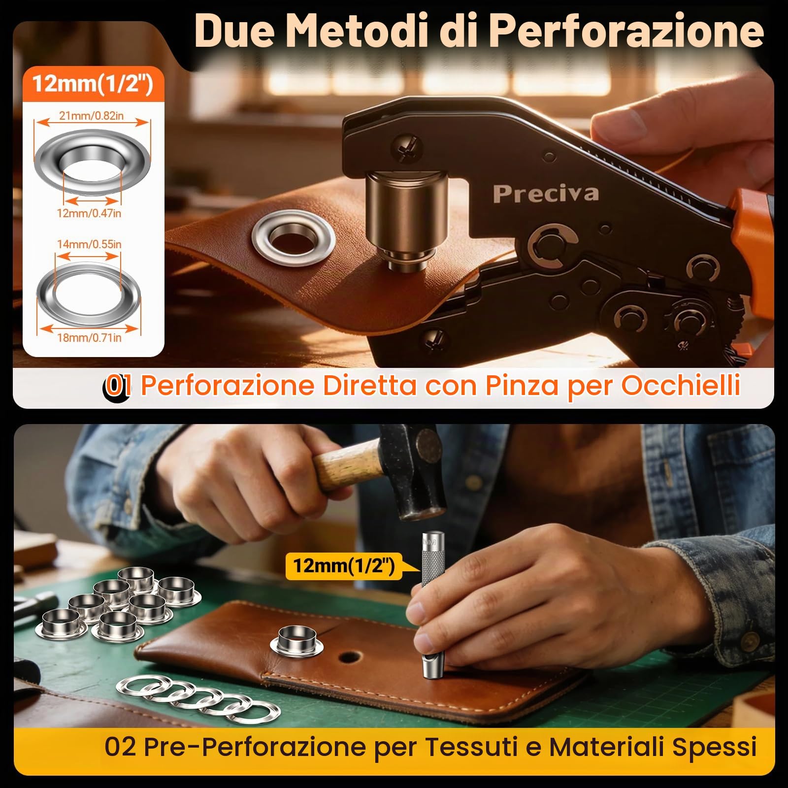Occhielli per Teloni Professionali,Preciva Occhiellatrice con 300 Pezzi Occhiello (Ø interno 12mm), per Teloni Multifunzione per Pelle Telone Cartone PVC Tessuto e tende da sole etc.