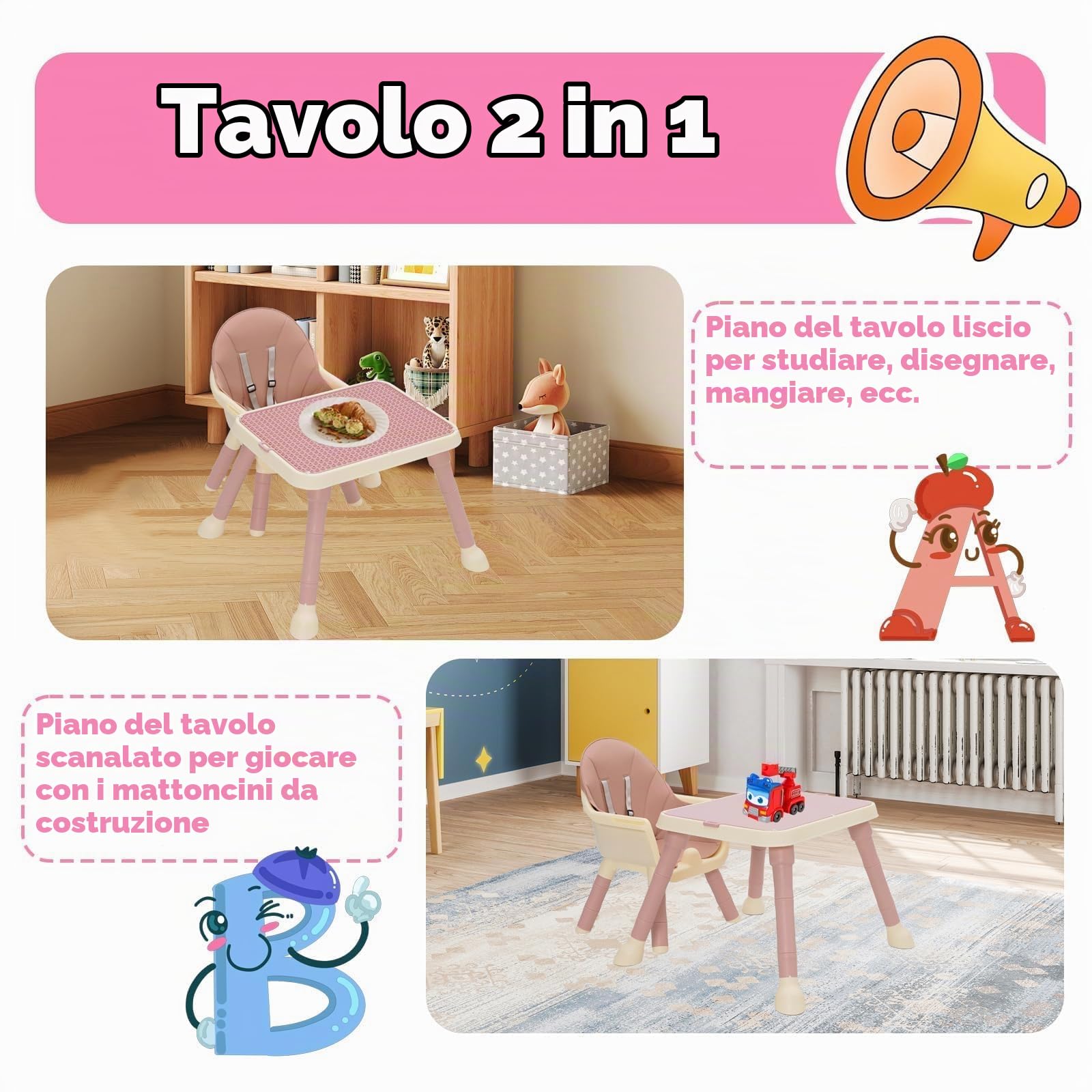 Seggiolone Pappa 7 in 1 con Piatto Cena Smontabile, Cestino Cintura Vassoio Rimovibile Seggiolone Evolutivo Pappa per Bambini da 6 Mesi Fino a 6 Anni (Rosa)