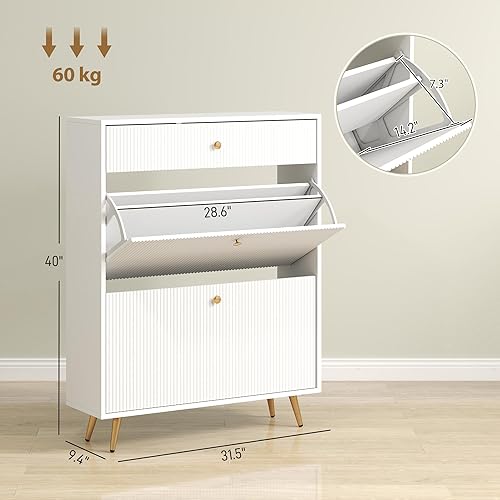 Miniatura 3 de HOMCOM Armario estrecho para zapatos con 2 cajones abatibles, moderno armario de almacenamiento de zapatos con paneles ondulados y estantes