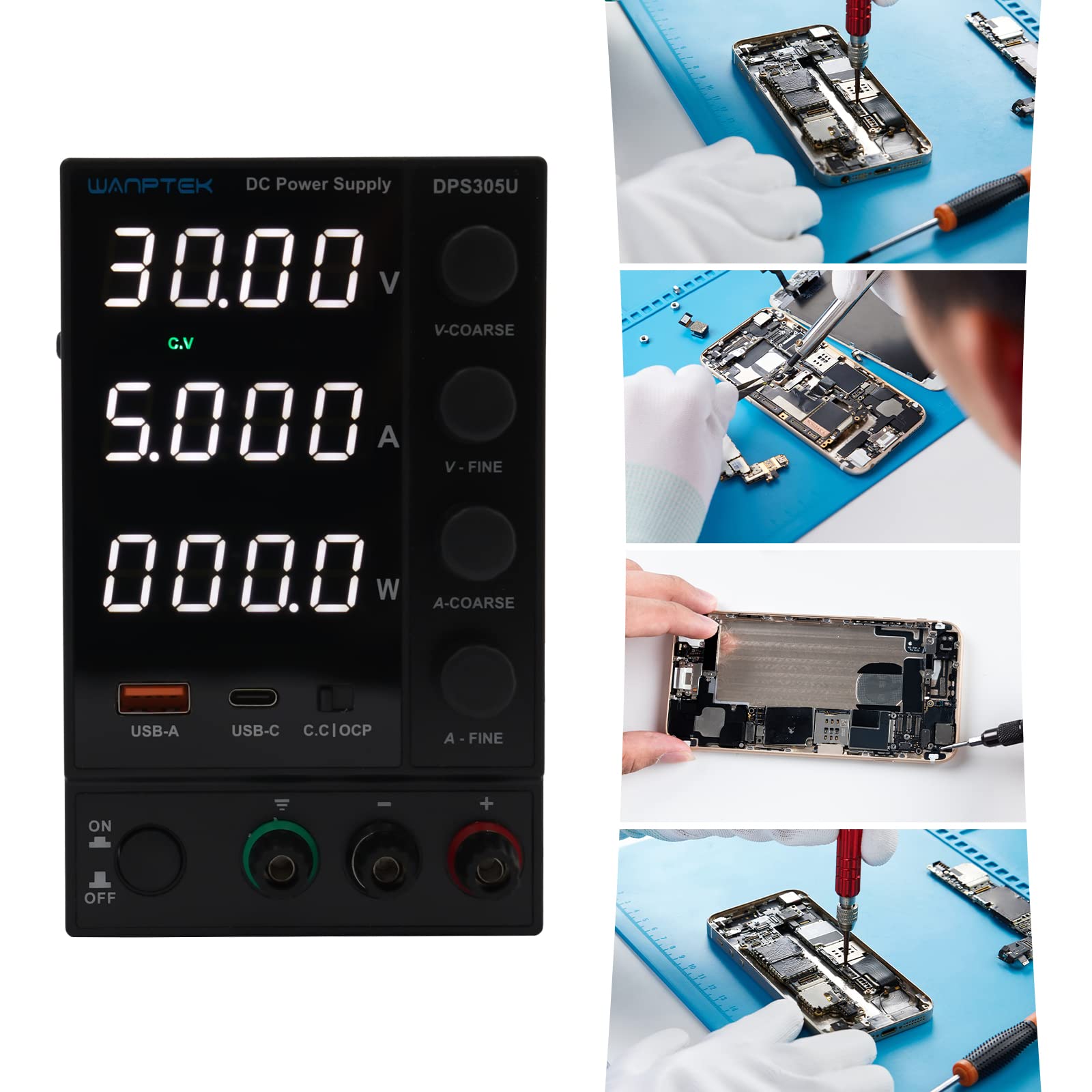 Fuente de alimentación de laboratorio (30 V, 5 A, regulable), con función de carga rápida USB, DC Power Supply