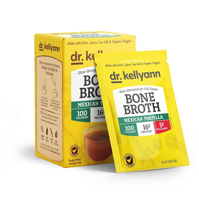 Dr. Kellyann Caldo de ossos em pó com colágeno hidrolisado, sabor Tortilla Mexicana, 16 g de proteína por porção, 7 sachês