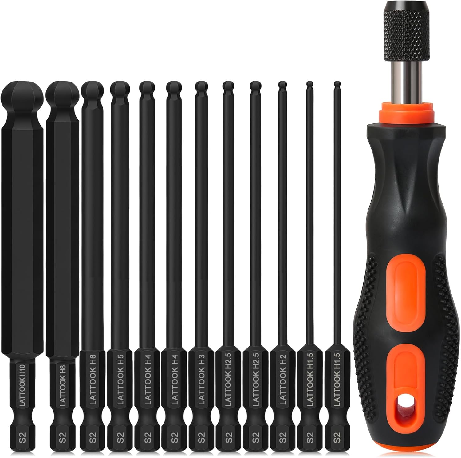 Ball End Hex Head Allen Wrench Drill Bit Set with Quick Release Bit Driver, LATTOOK 12PCS Metric Ball End Hex Bit Set Allen Hex Key, Magnetic S2 Steel, 4'' Long