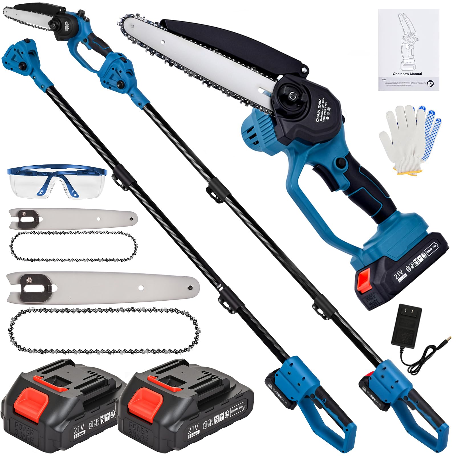 Electric 21V Cordless 2-in-1 Mini Chainsaw Combo, 8″&amp; 6″ Guide Bar Chains, Battery Powered Tree Trimmer, Protective Handle, Auto-Oil System, Includes Case &amp; Safety Kit