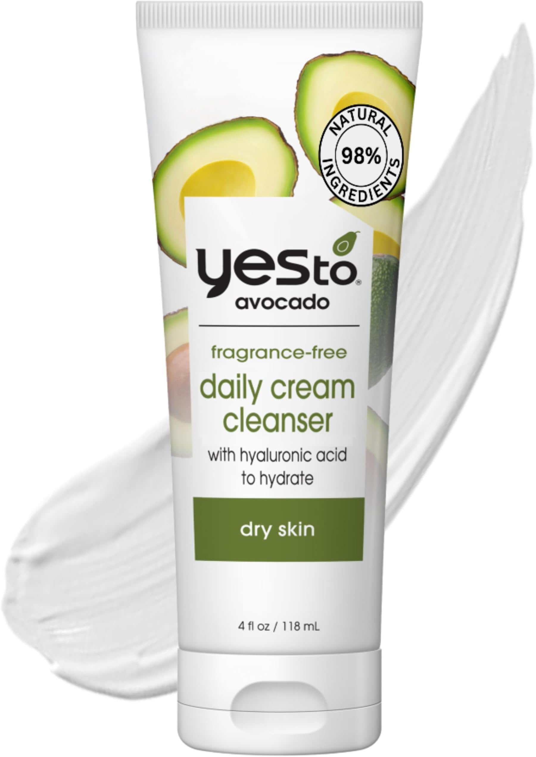 Avocado Fragrance Free Daily Cream Cleanser, Hydrating Face Wash That Removes Makeup & Impurities Leaving Skin Moisturized With Hyaluronic Acid & Glycerin, Natural Vegan & Cruelty Free, 4 Fl Oz