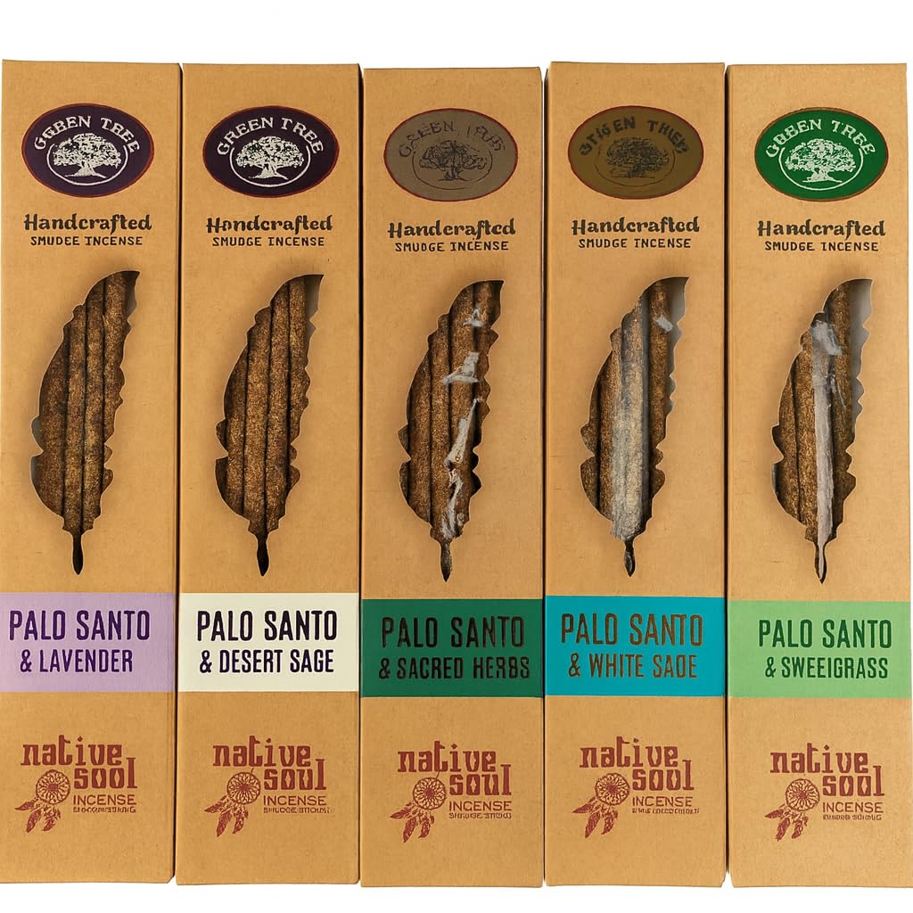 Native Soul Palo Santo Incense Sticks – 6 Fragrance Set – Handcrafted Masala Smudge with JRose Wooden Burner – 8 Sticks x 15g Each – Cleansing, Meditation, Aromatherapy