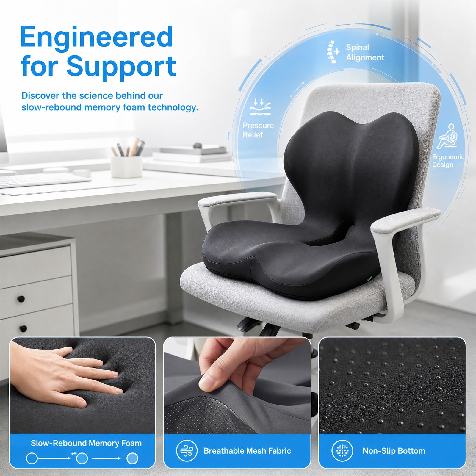 Cuscino ortopedico con schienale, cuscino in memory foam a forma di L | Cuscino per coccige, fondo antiscivolo, per ufficio, auto, gaming e sedie a rotelle, traspirante e rimovibile, grigio scuro