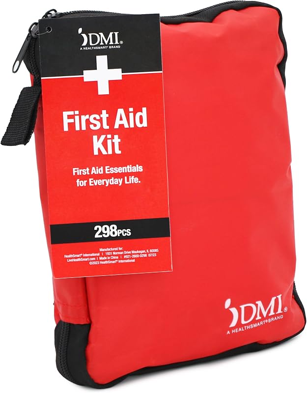 DMI Kit completo de primeros auxilios de emergencia de 298 piezas, trata el dolor, la hinchazón, los cortes, los rasguños y las quemaduras, guía completa de primeros auxilios incluida, organización de bolsillo transparente, bolsa de viaje duradera con cremallera