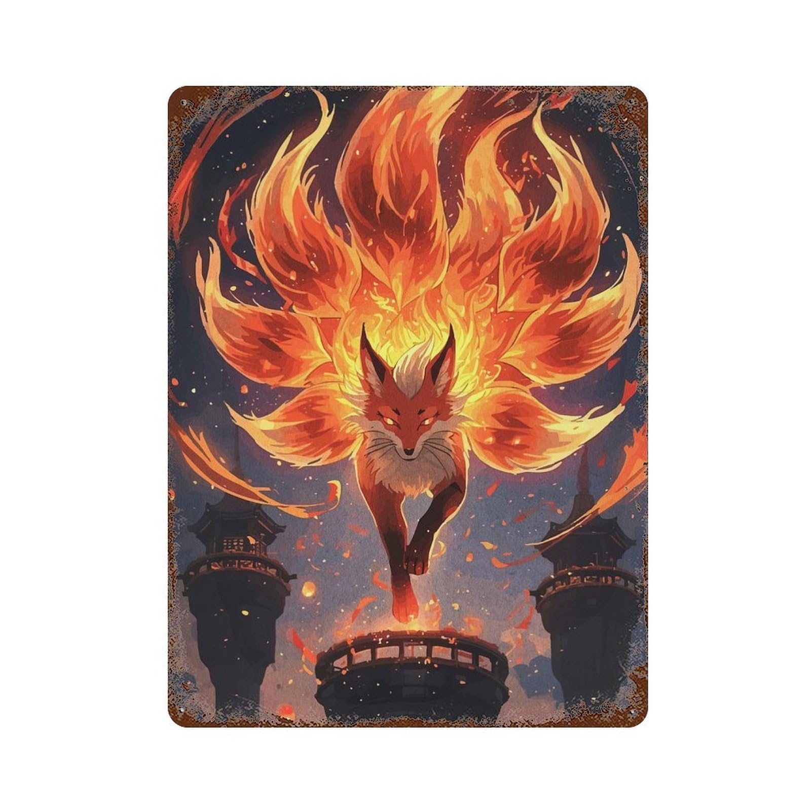 Nine-tailed Fox Spirit Distressed Metal Wall Sign 15.7"x11.8", Ideal for Patio, Garden Room And Bar Decor